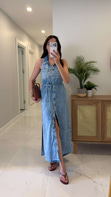 ZR Kalira Mavi Kolsuz Kuşaklı Denim Elbise