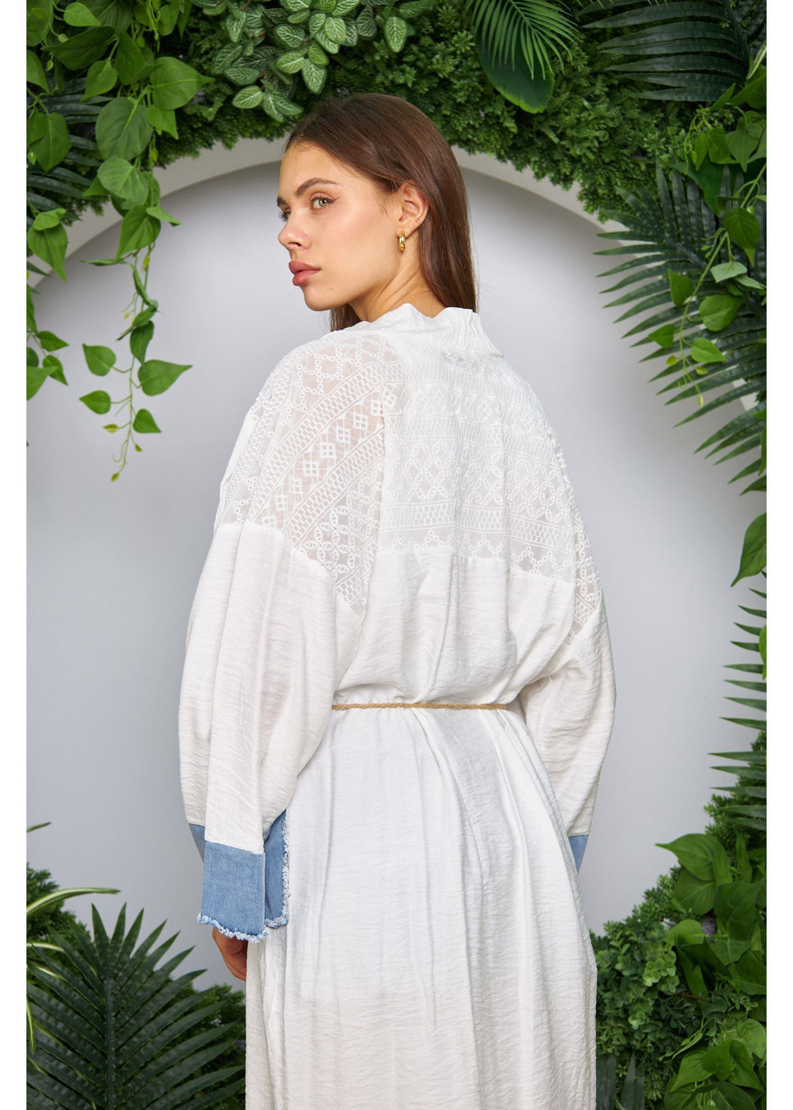 Ağaç Kabuğu Kot Garnili Keten Kimono-Ekru
