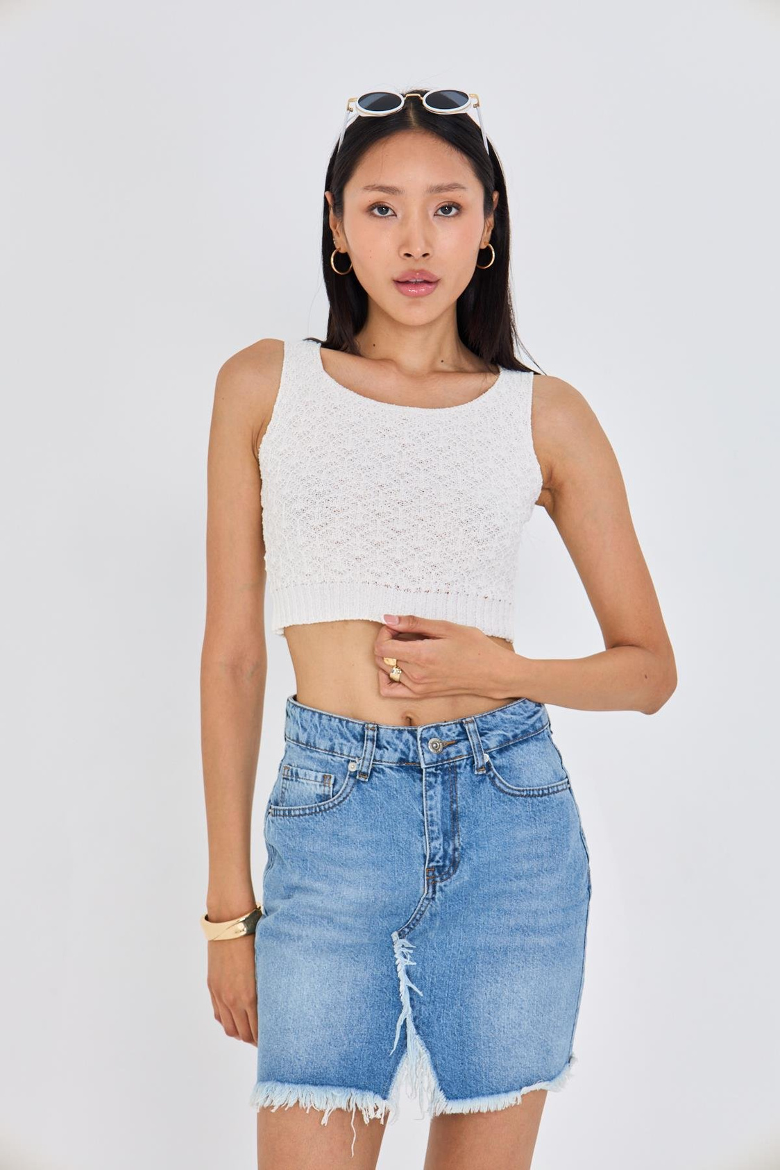 Ajurlu Crop Bluz - Bej