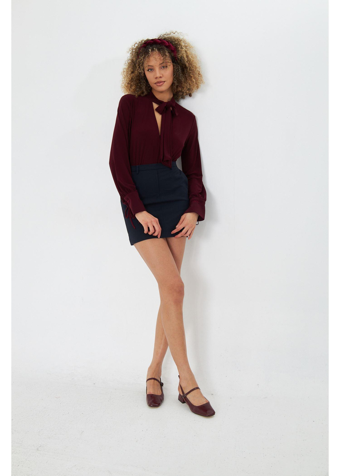 Alttan Çıtçıtlı Uzun Kollu Bluz - Bordo