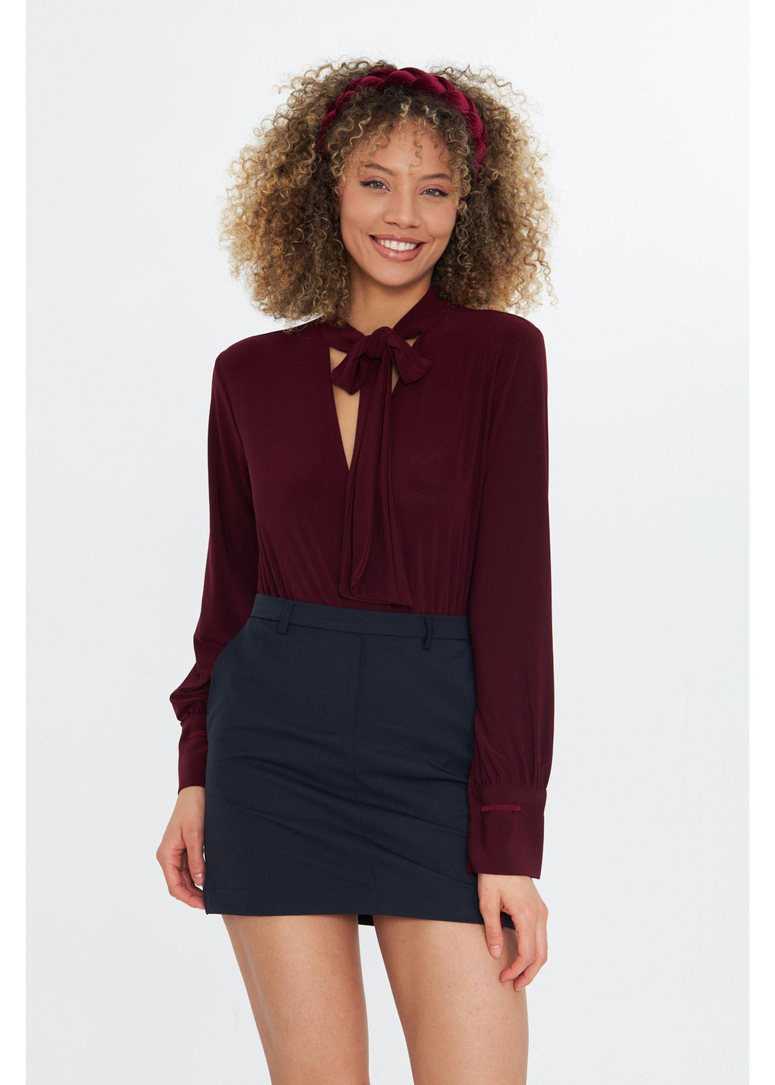 Alttan Çıtçıtlı Uzun Kollu Bluz - Bordo