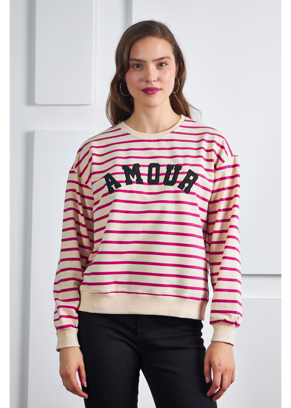 Amour Baskılı Çizgili Basic Sweatshirt-Fuşya