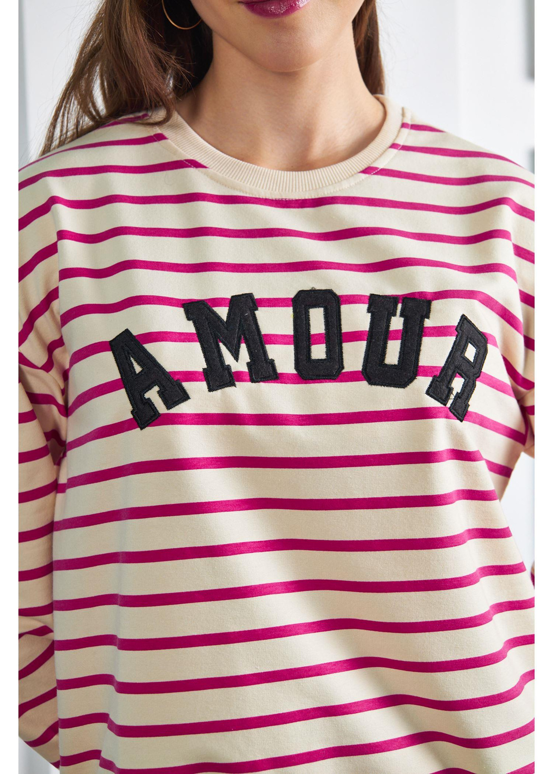 Amour Baskılı Çizgili Basic Sweatshirt-Fuşya