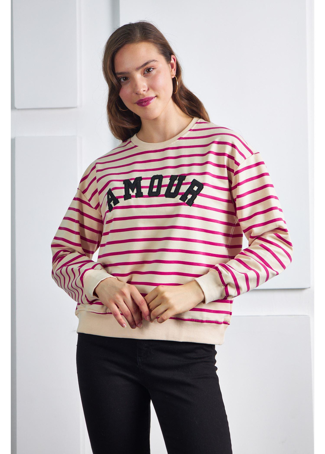 Amour Baskılı Çizgili Basic Sweatshirt-Fuşya