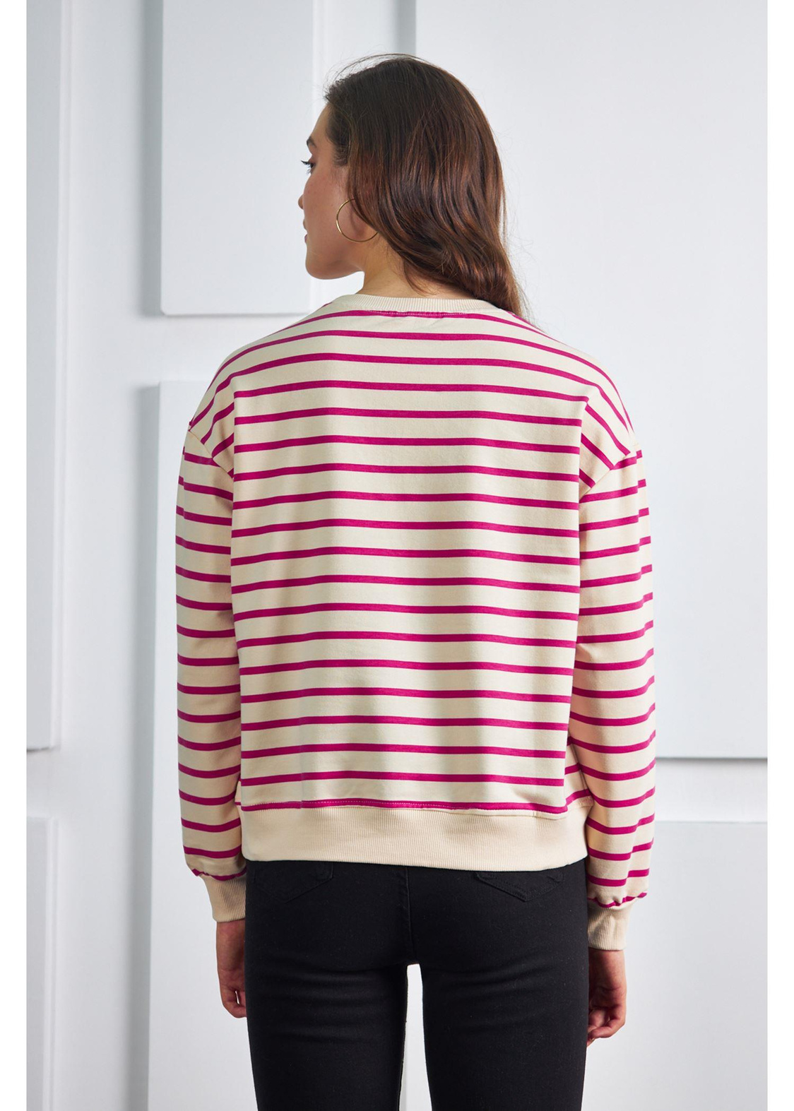Amour Baskılı Çizgili Basic Sweatshirt-Fuşya