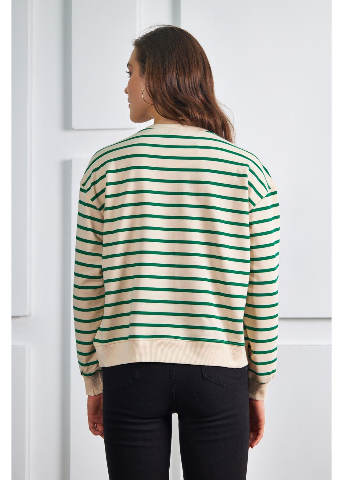 Amour Baskılı Çizgili Basic Sweatshirt-Yeşil