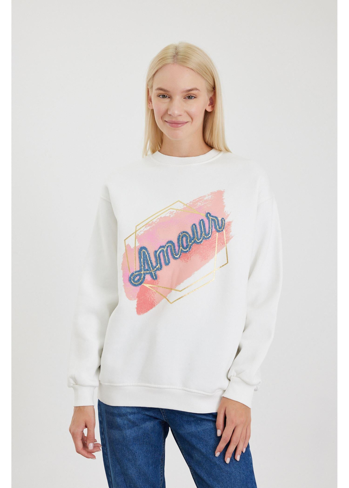 Amour Jean Detaylı Sweatshirt-Ekru