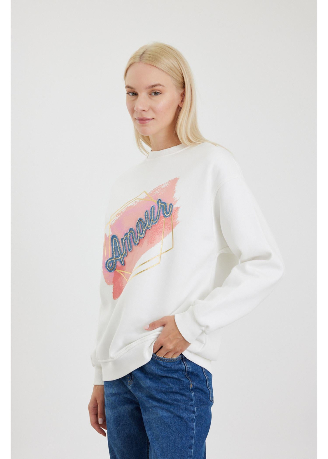 Amour Jean Detaylı Sweatshirt-Ekru