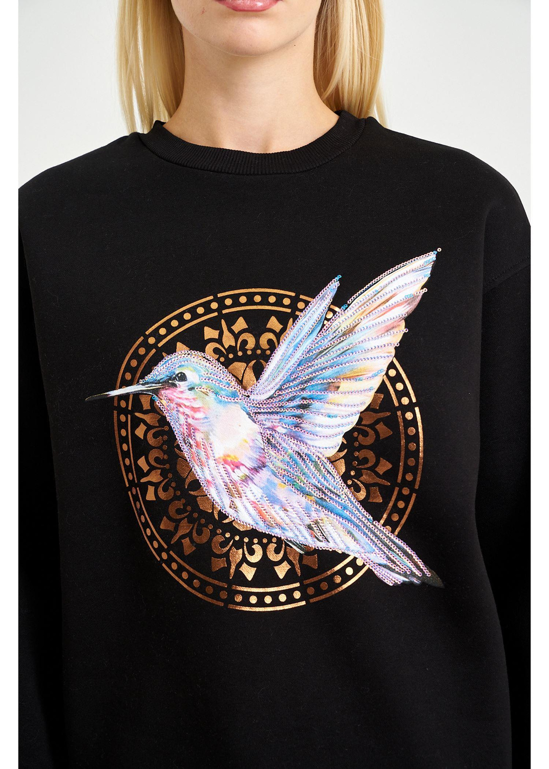 Anka Kuşlu Varak Sweatshirt-Siyah