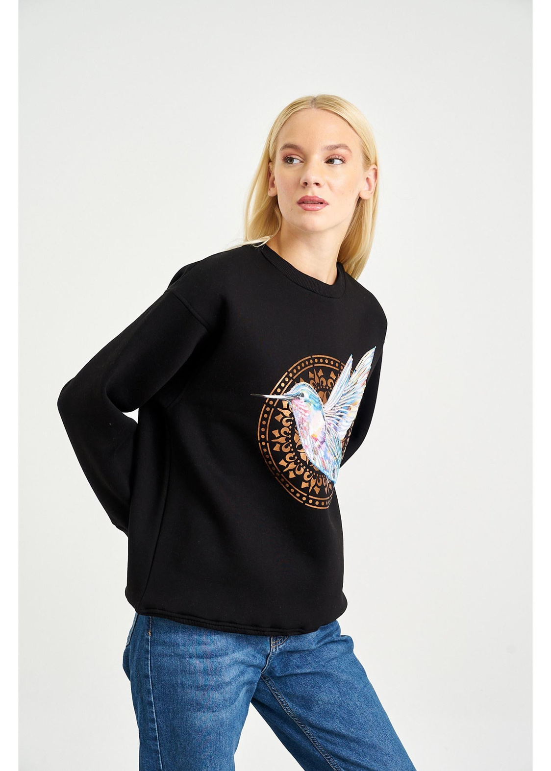 Anka Kuşlu Varak Sweatshirt-Siyah