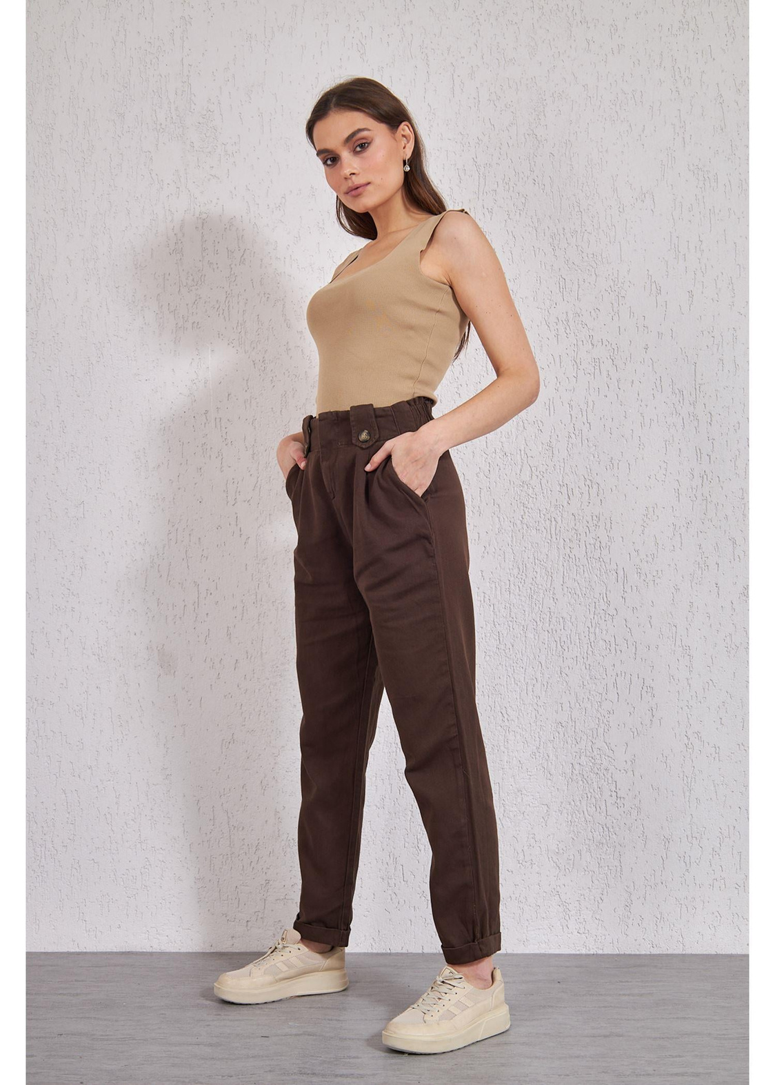 Apoletli Köprülü Duble Paça Gabardin Pantolon-Kahve