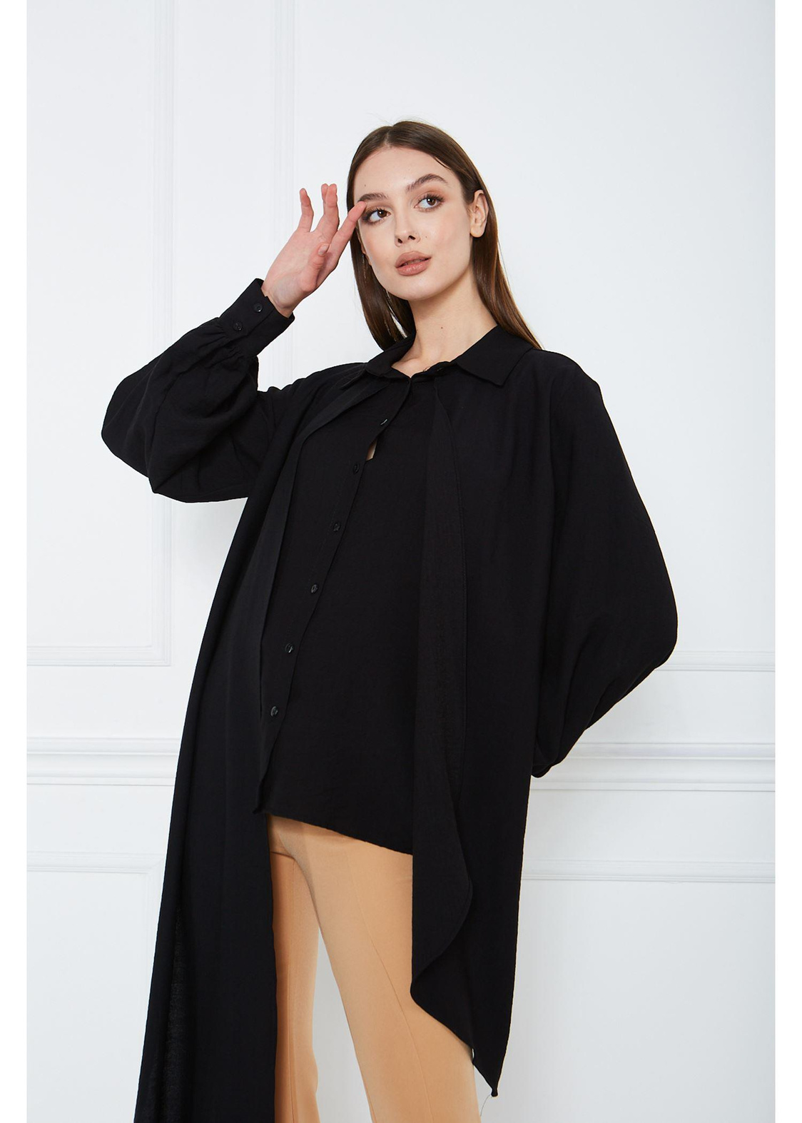 Asimetrik Keten Gömlek-Siyah