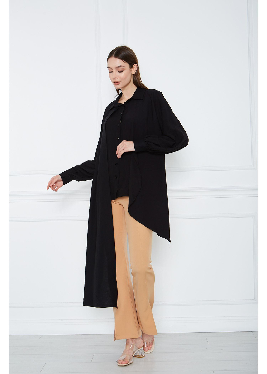 Asimetrik Keten Gömlek-Siyah