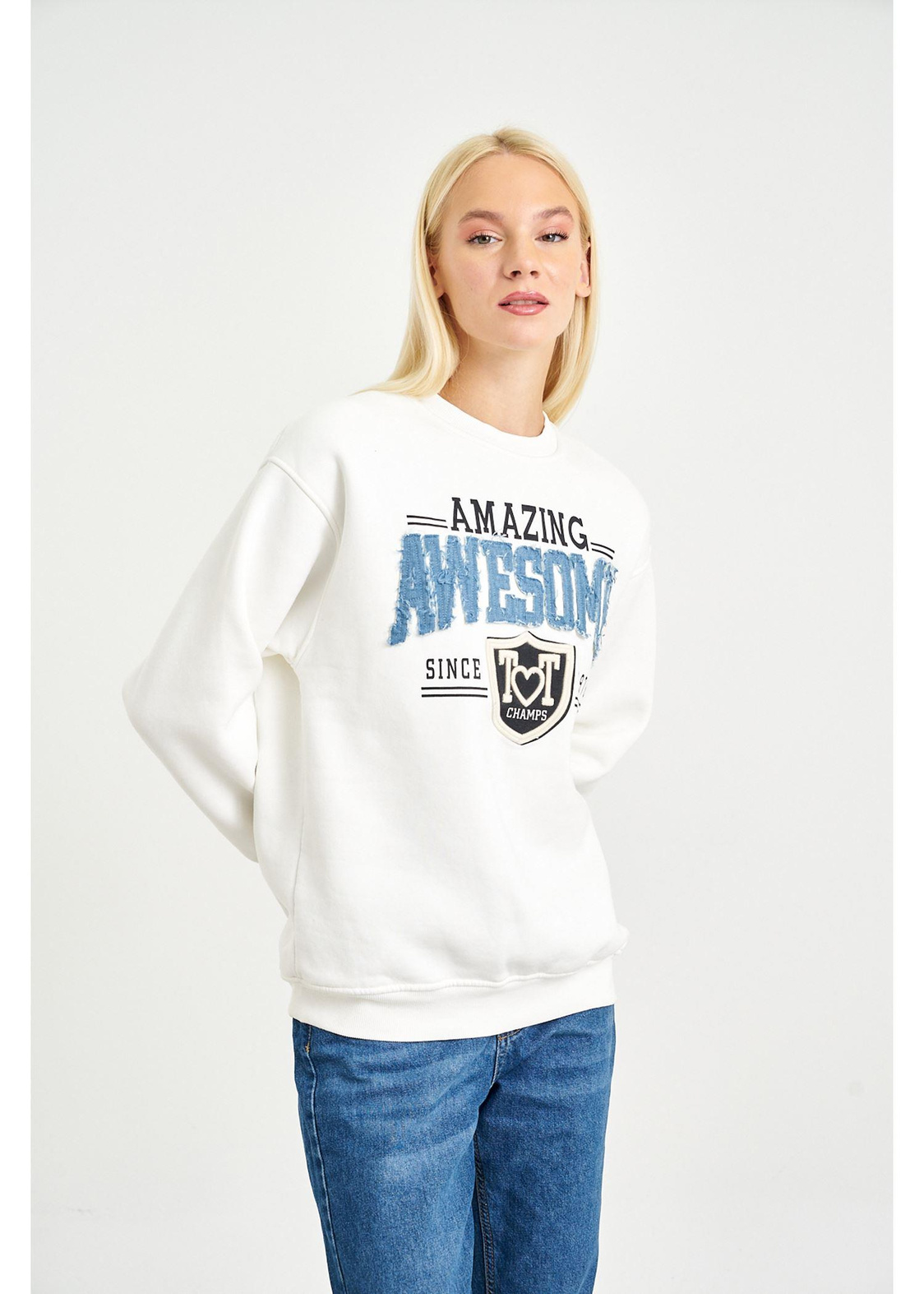 Awesome Jean Baskılı Sweatshirt-Ekru