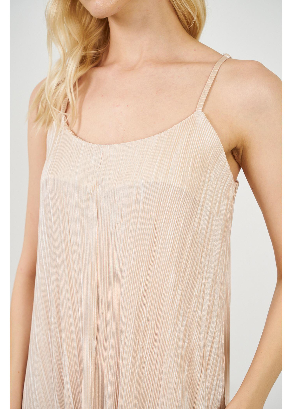 Ayarlanabilir Askılı Plise Elbise-Bej