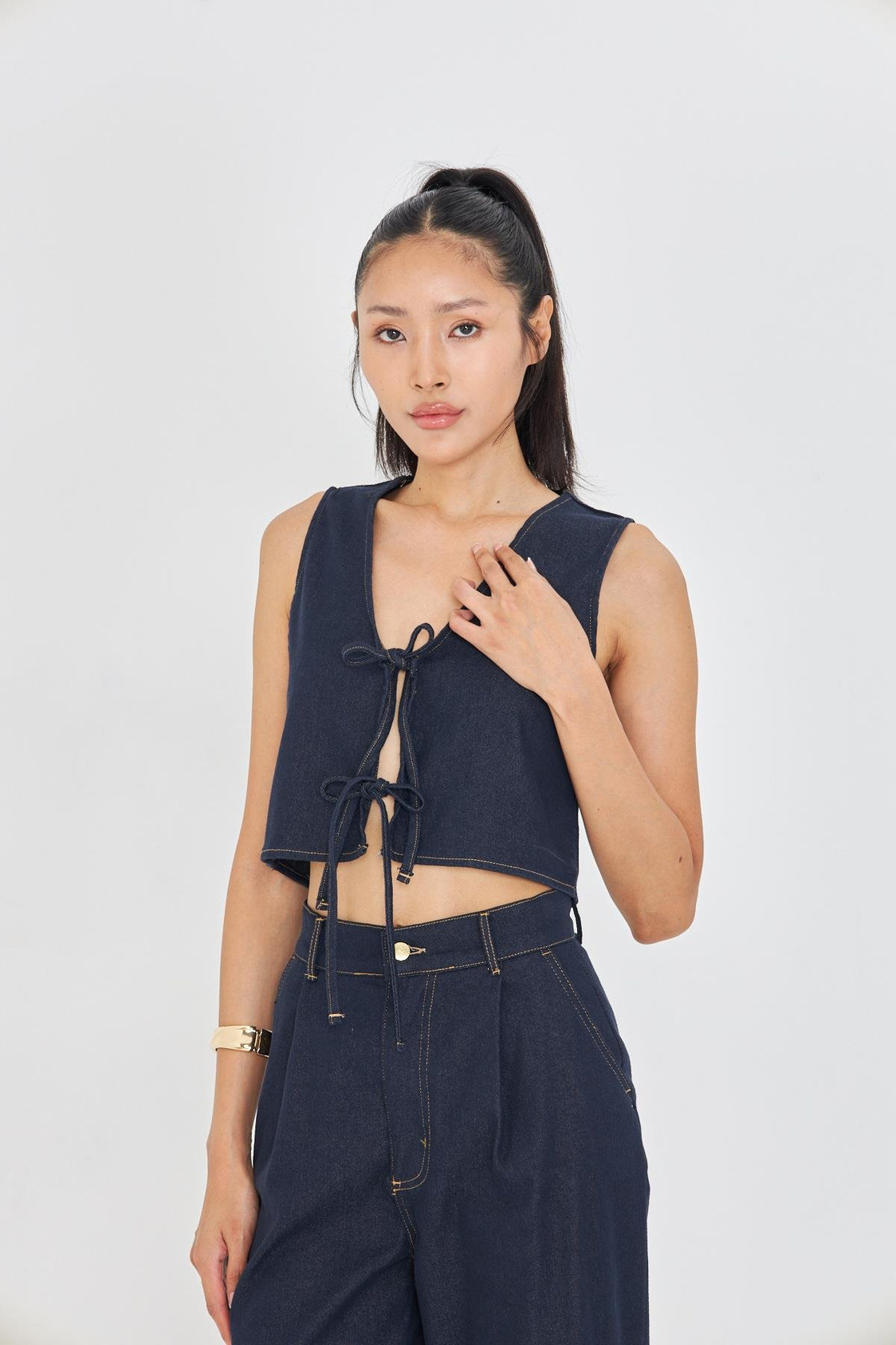 Bağcık Detaylı Denim Yelek 