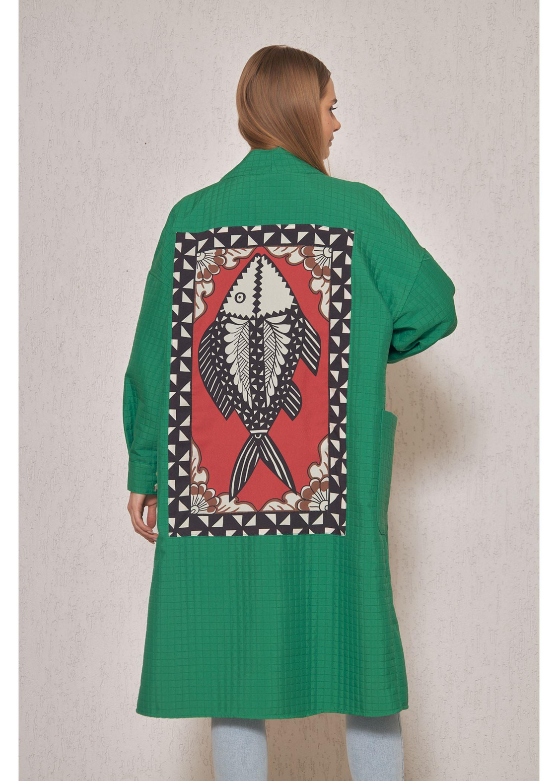 Balık Baskılı Kapitone Kimono- Yeşil