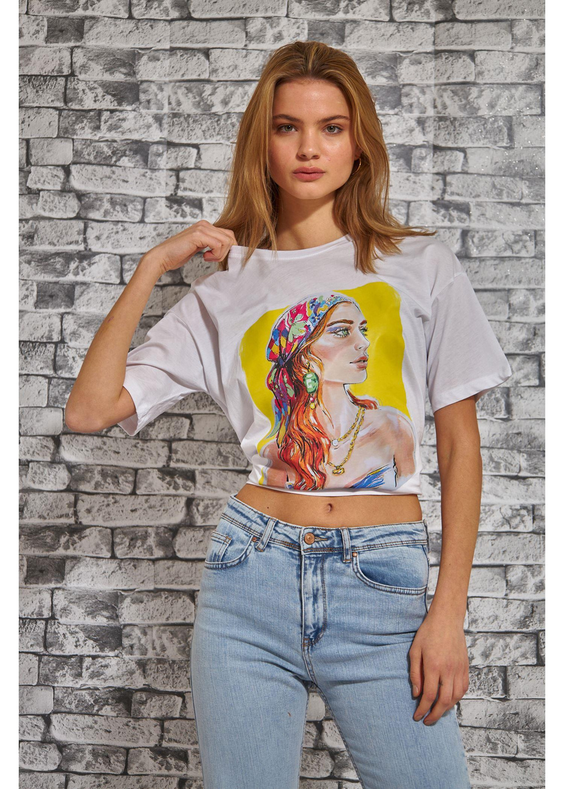 Bandana Kadın Baskılı Süprem T-Shirt-Beyaz