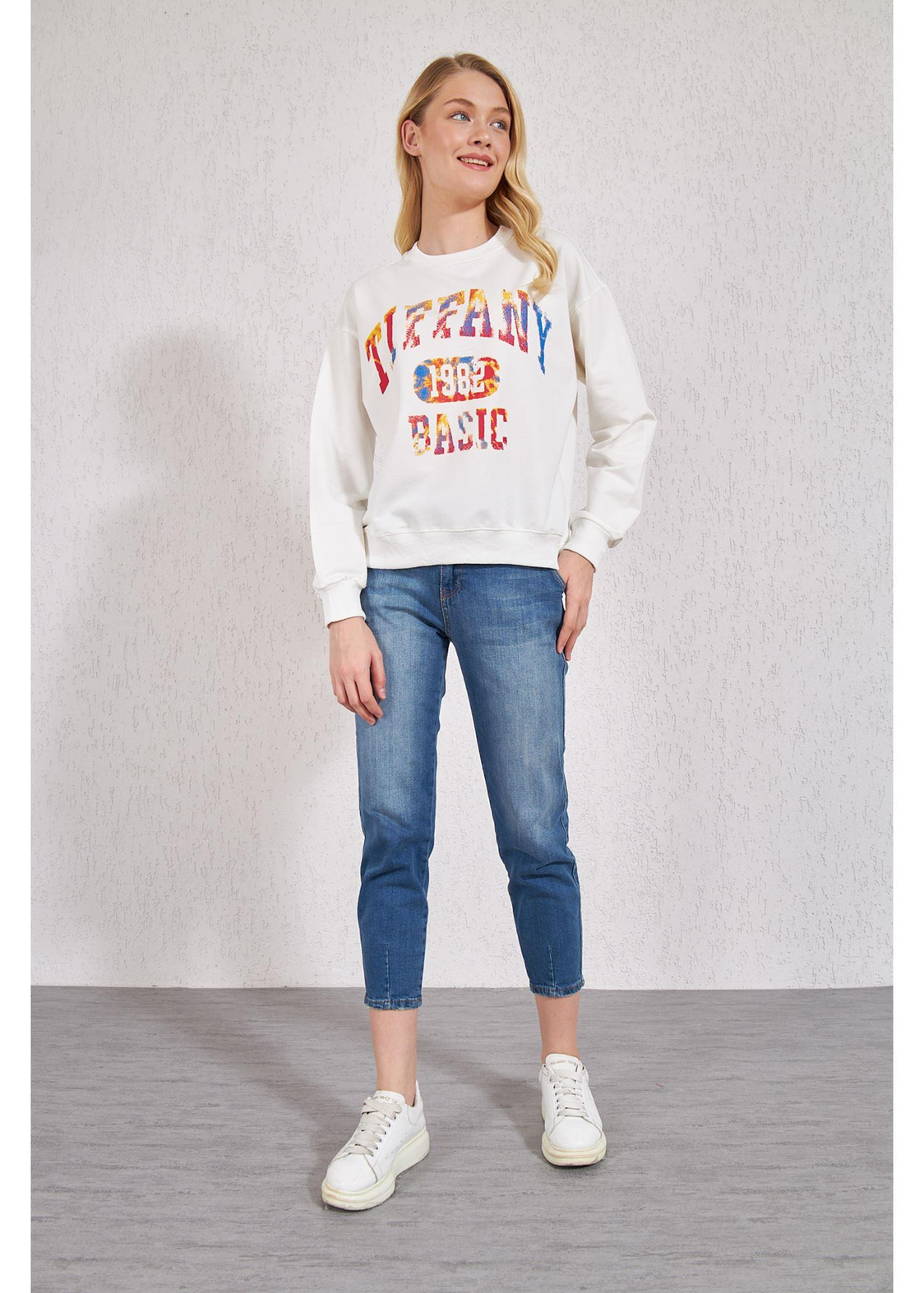 Basic Baskılı Sweat-Ekru