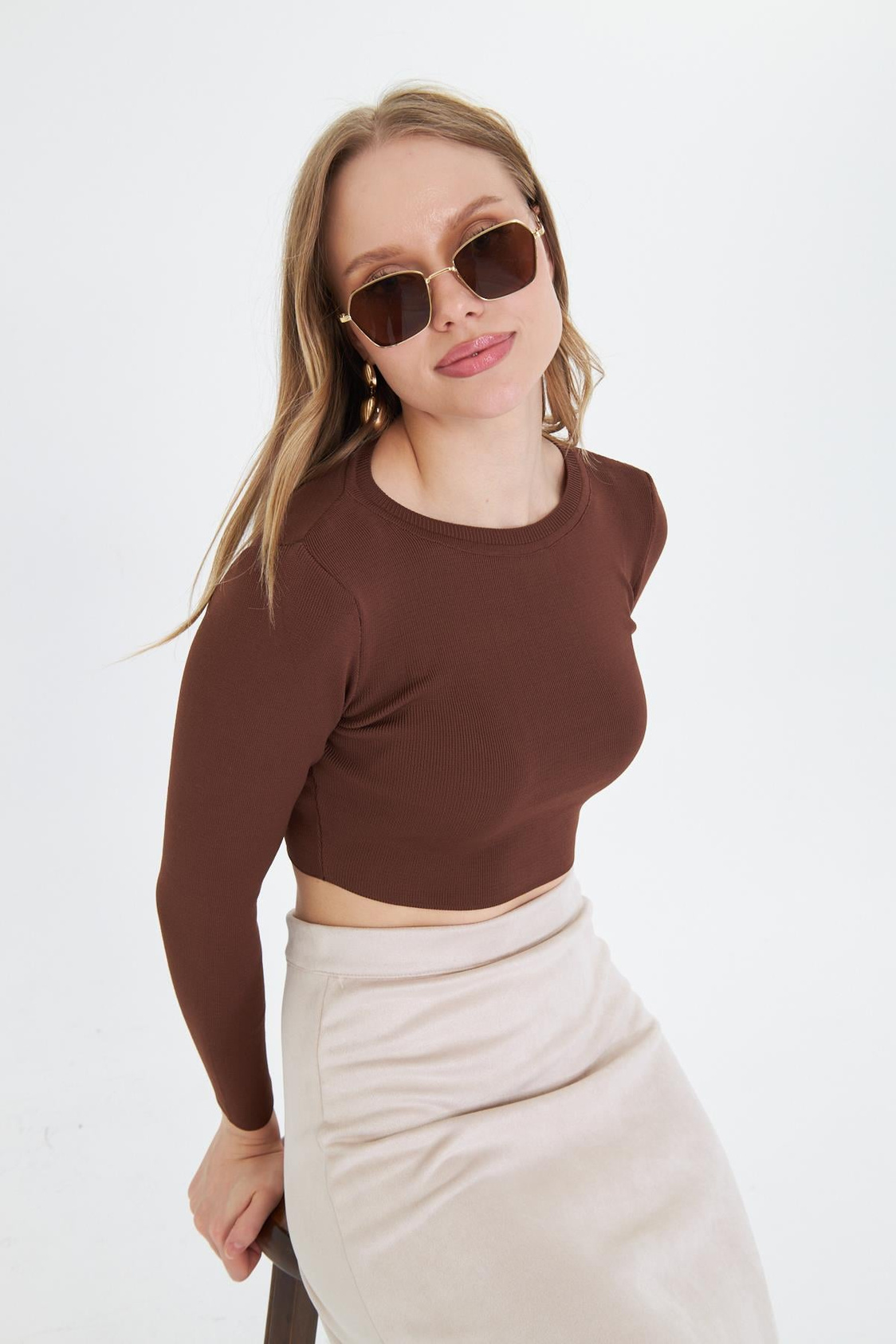 Basic Yaka Crop Kazak - Kahve
