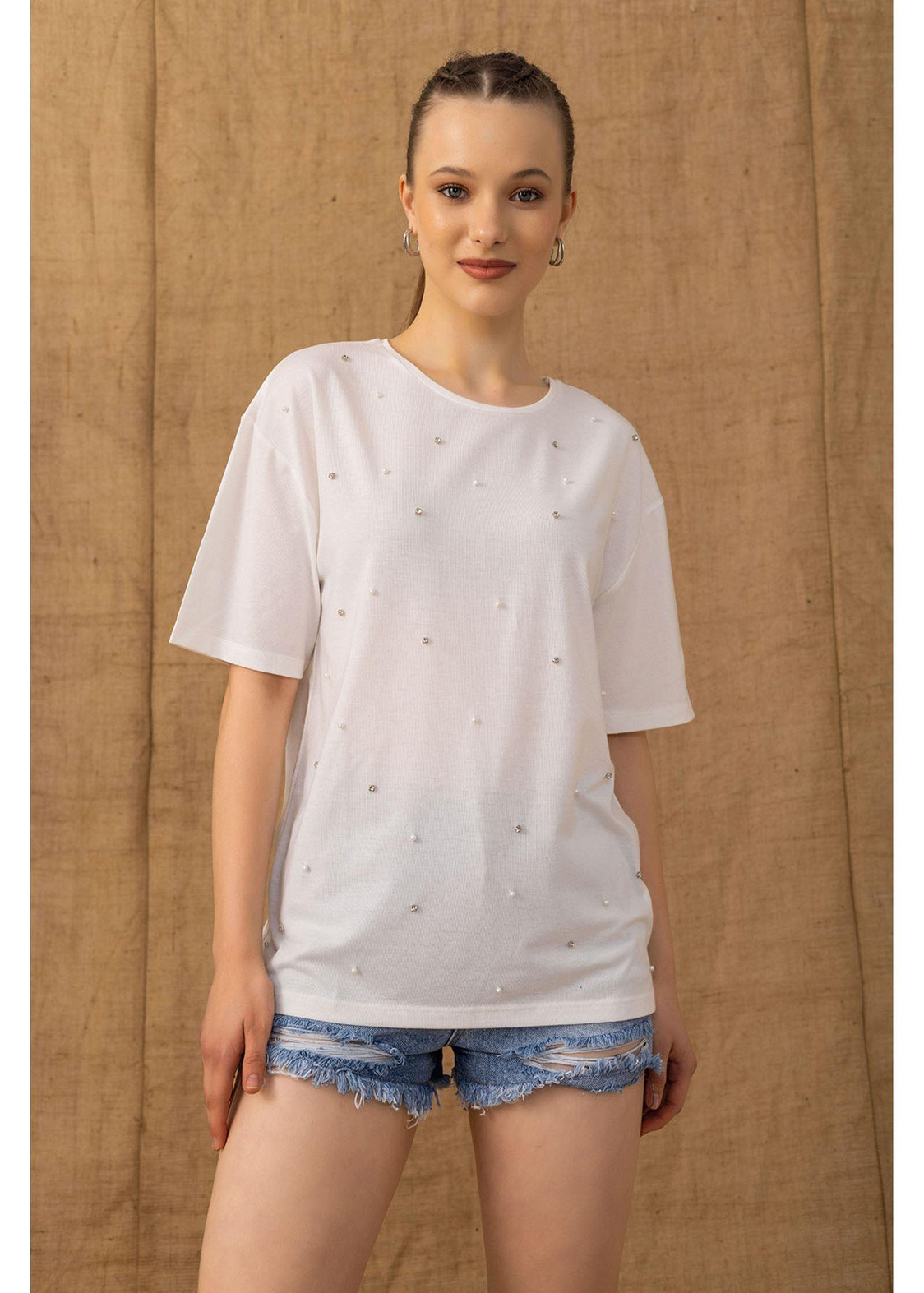 Baskılı Basic T-shirt-Ekru