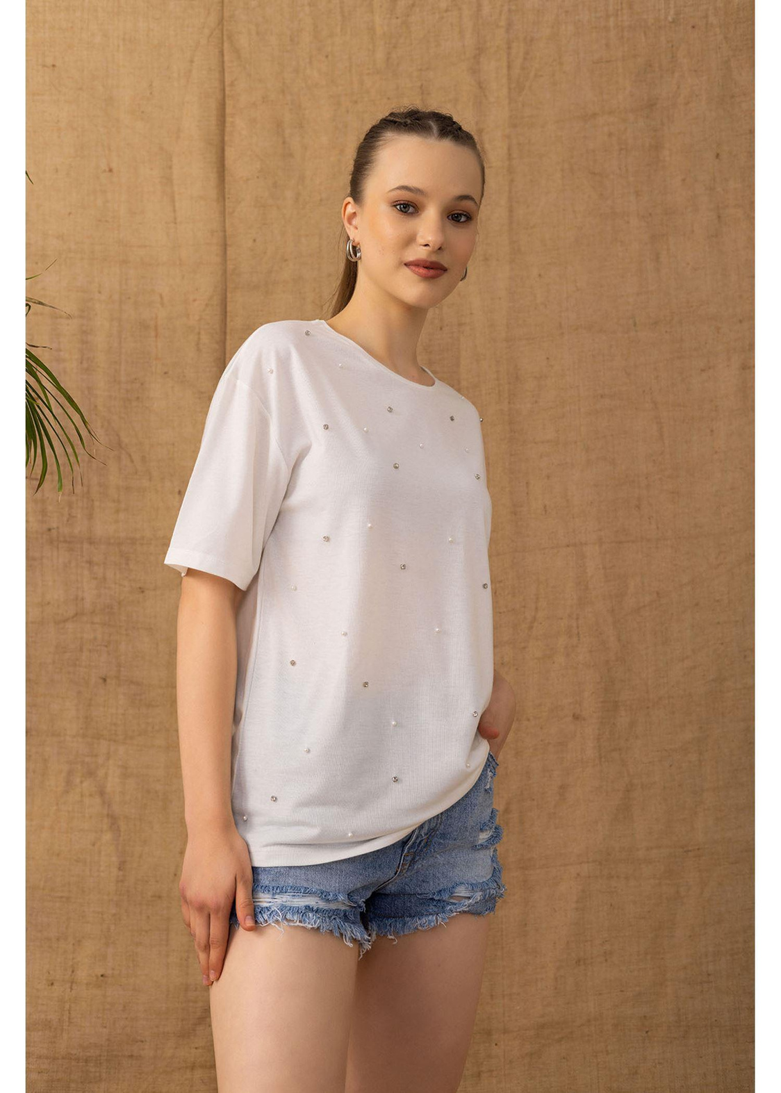 Baskılı Basic T-shirt-Ekru