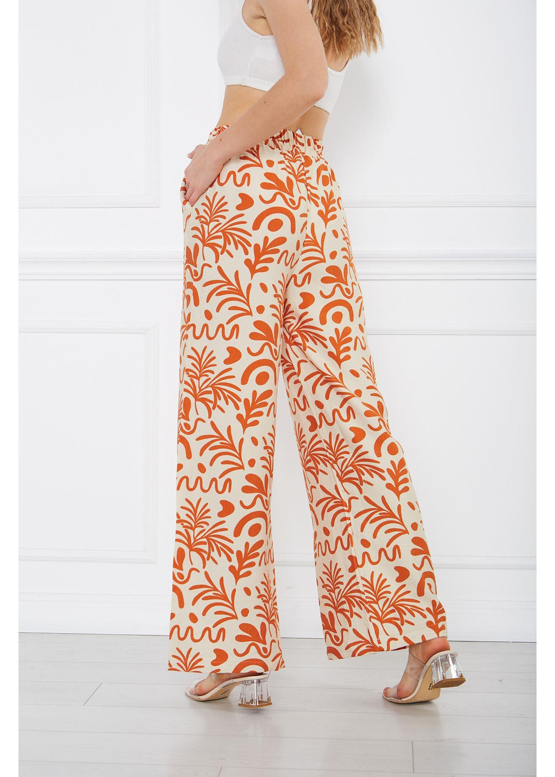 Baskılı Keten Geniş Paça Pantolon-Ekru