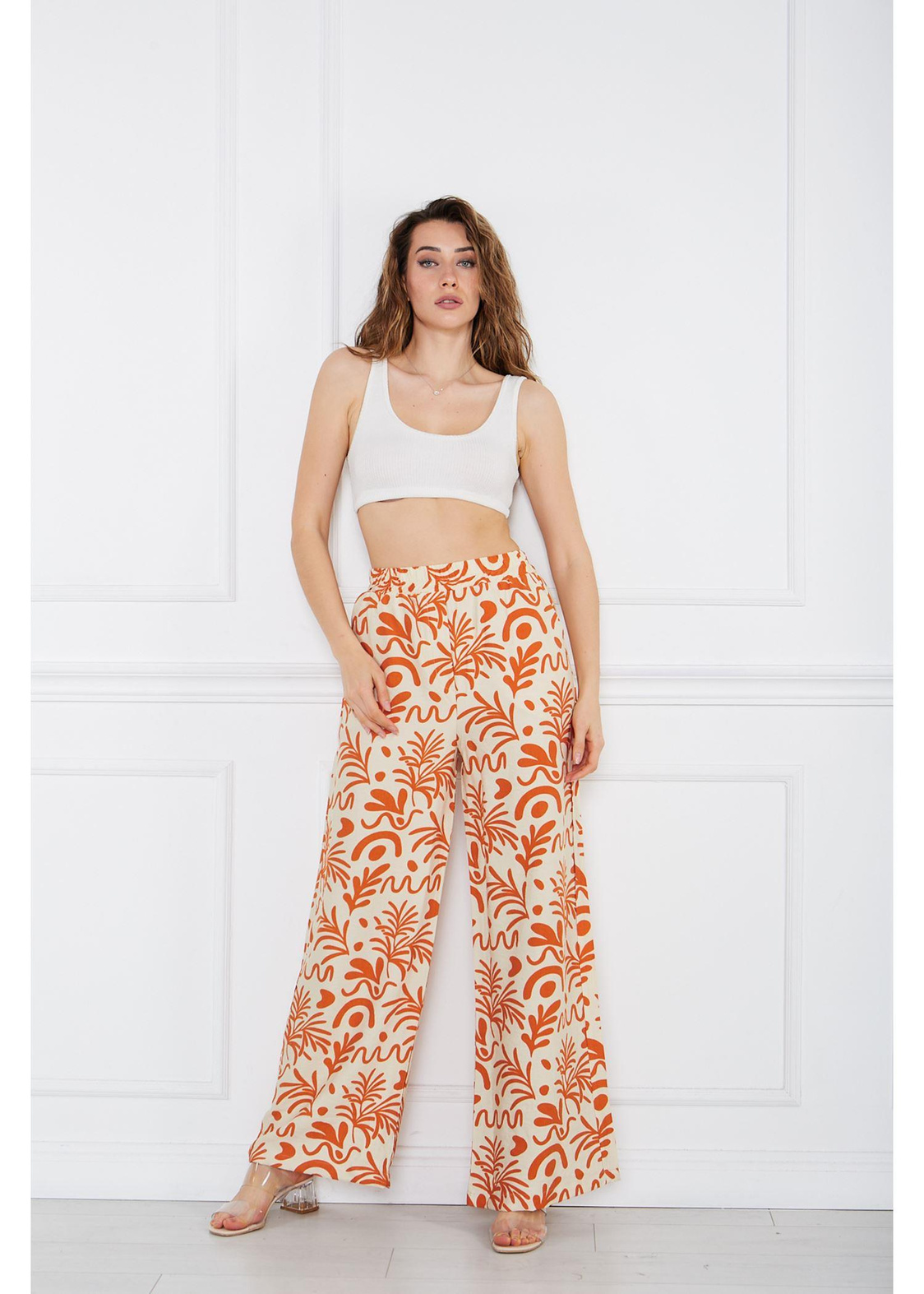 Baskılı Keten Geniş Paça Pantolon-Ekru