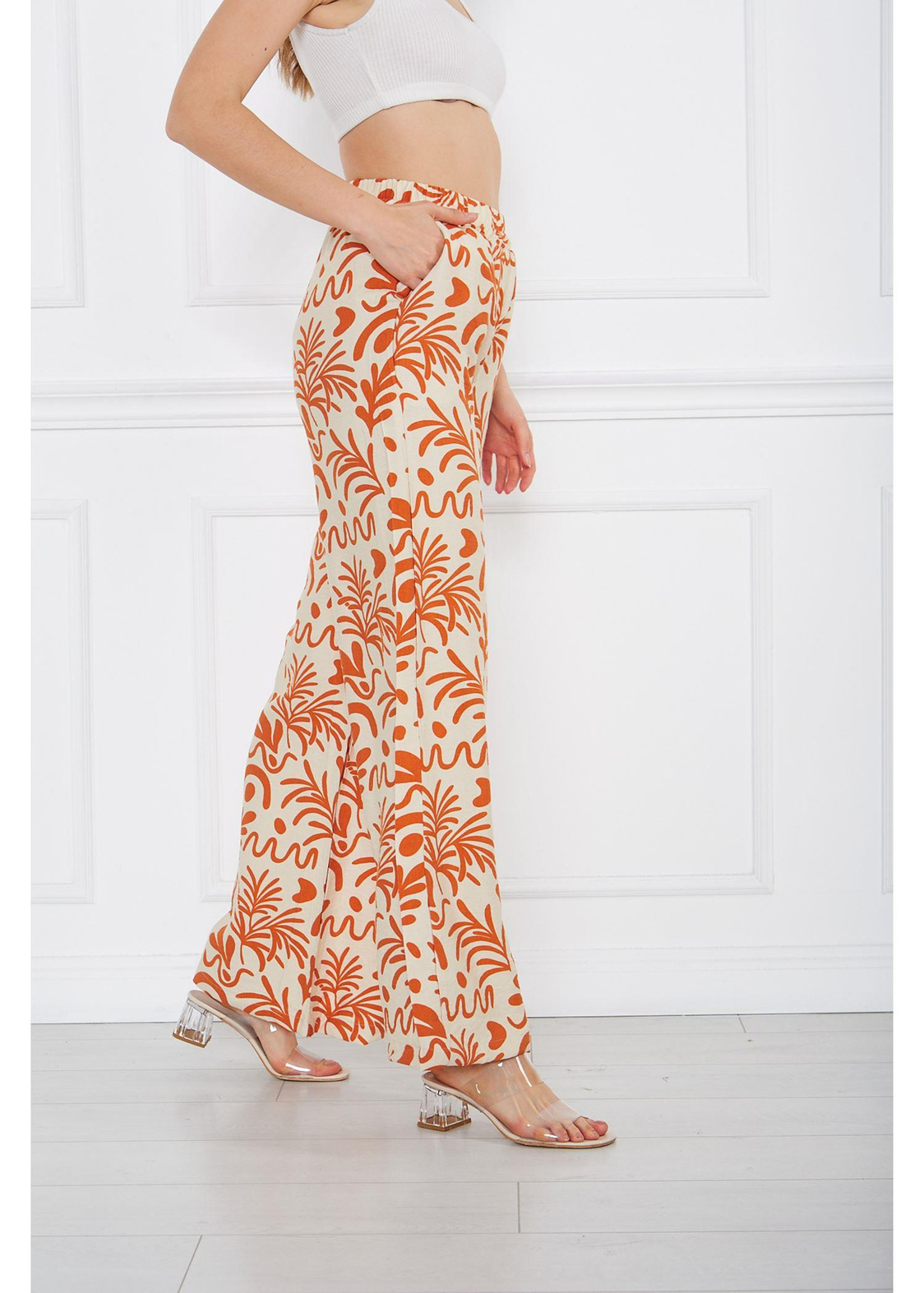 Baskılı Keten Geniş Paça Pantolon-Ekru