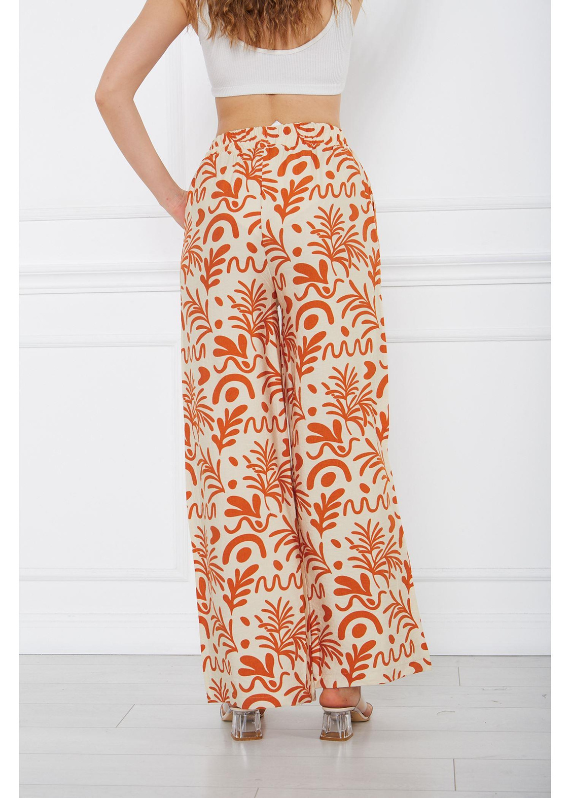 Baskılı Keten Geniş Paça Pantolon-Ekru