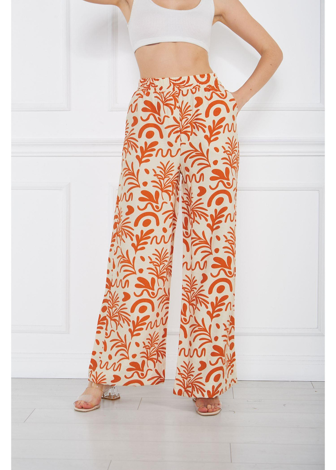 Baskılı Keten Geniş Paça Pantolon-Ekru