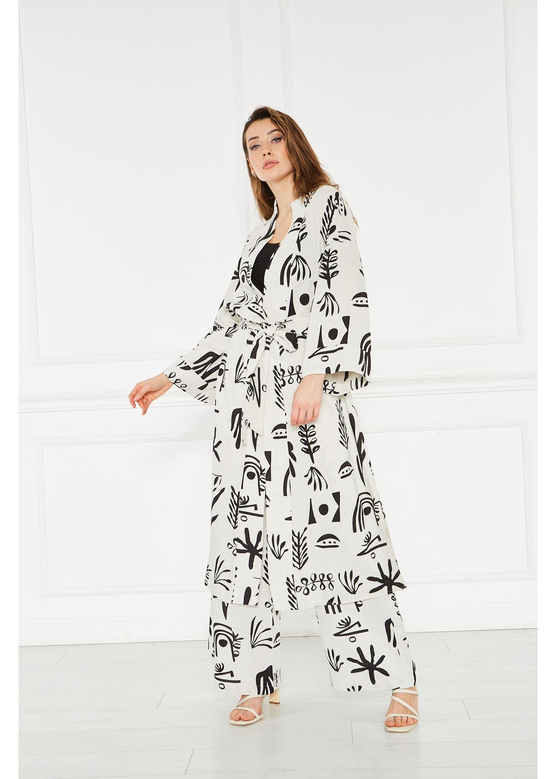 Baskılı Keten Kimono-Siyah
