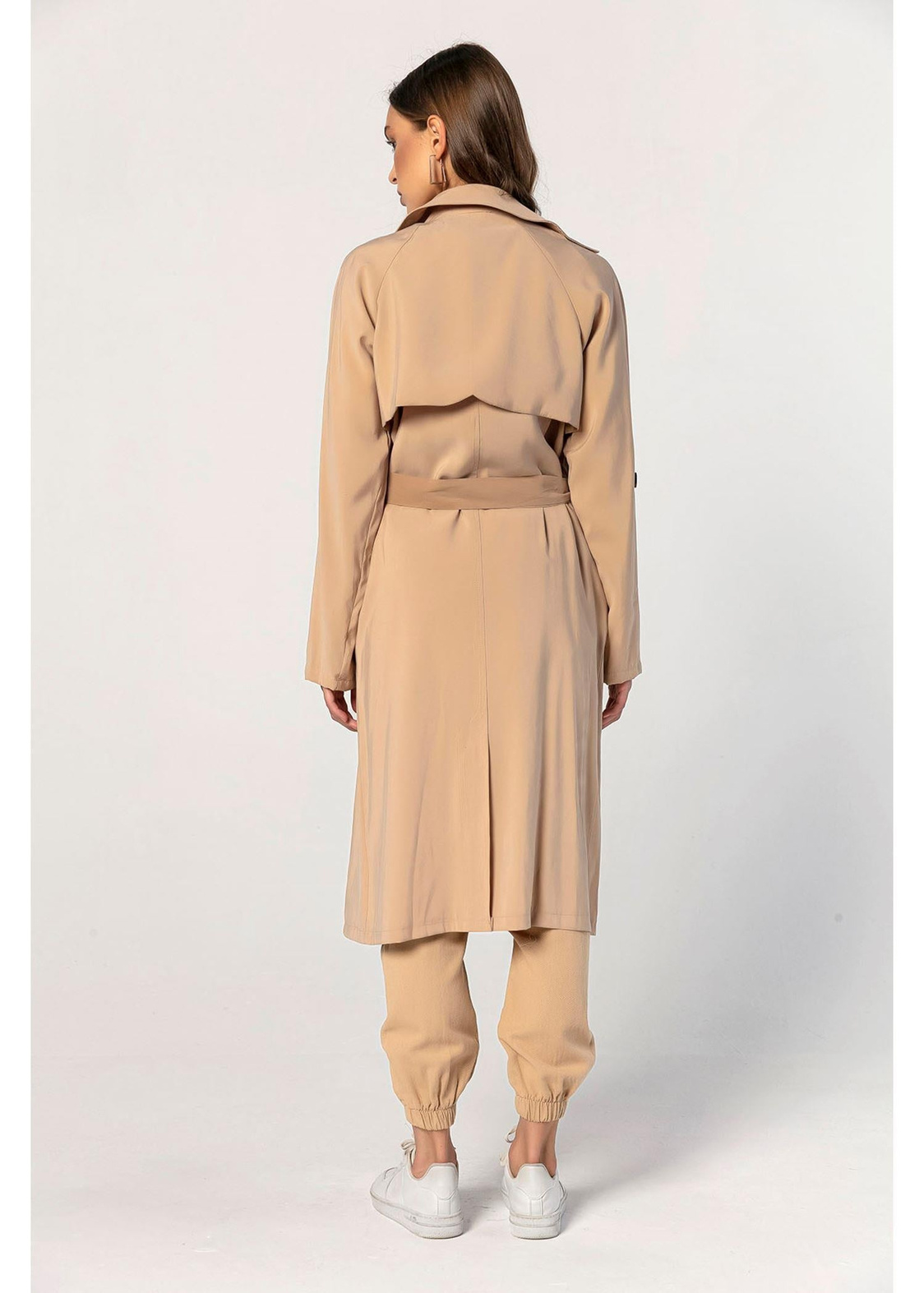 Belden Bağcıklı, Oversize Uzun Trençkot-Bej