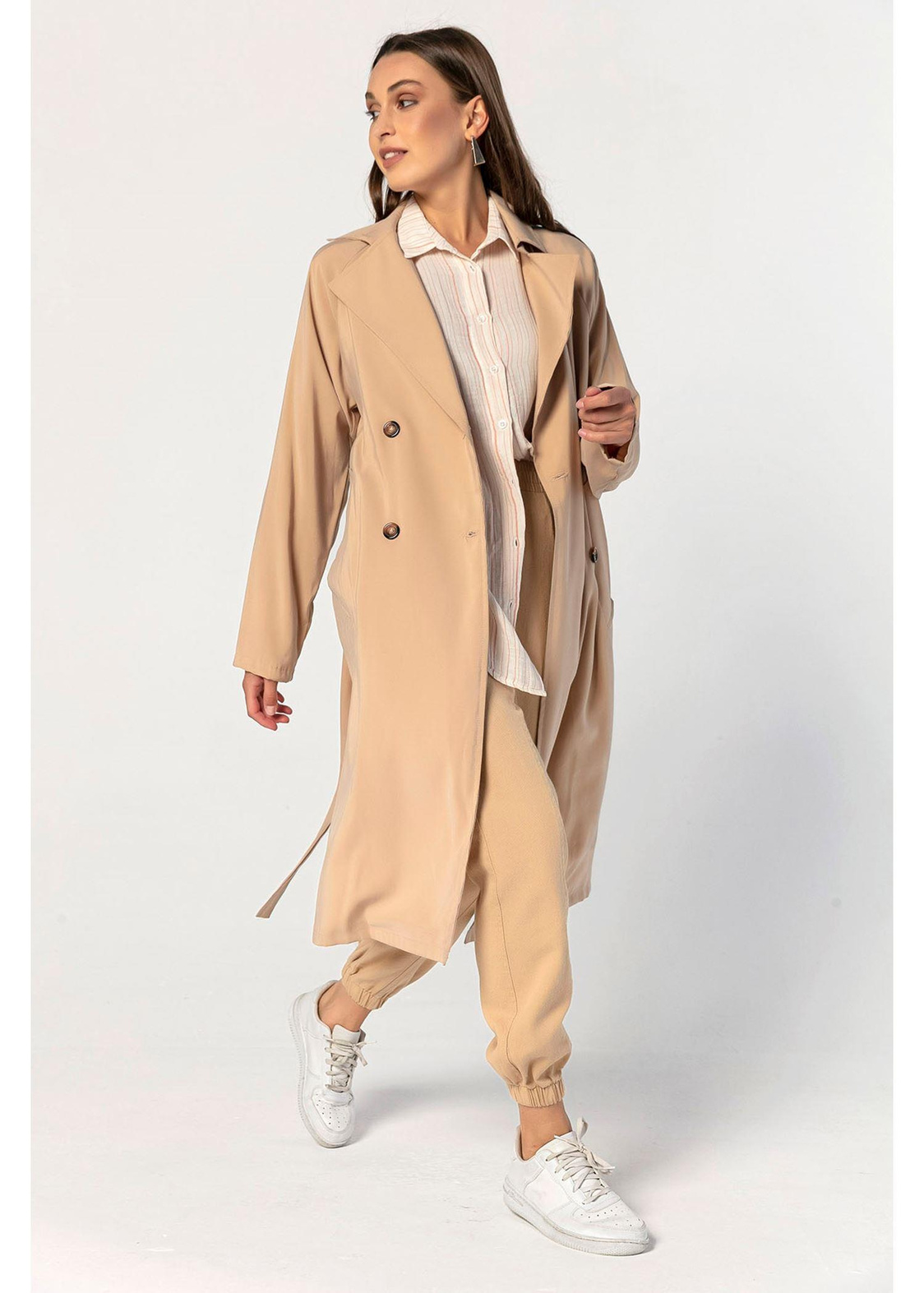 Belden Bağcıklı, Oversize Uzun Trençkot-Bej