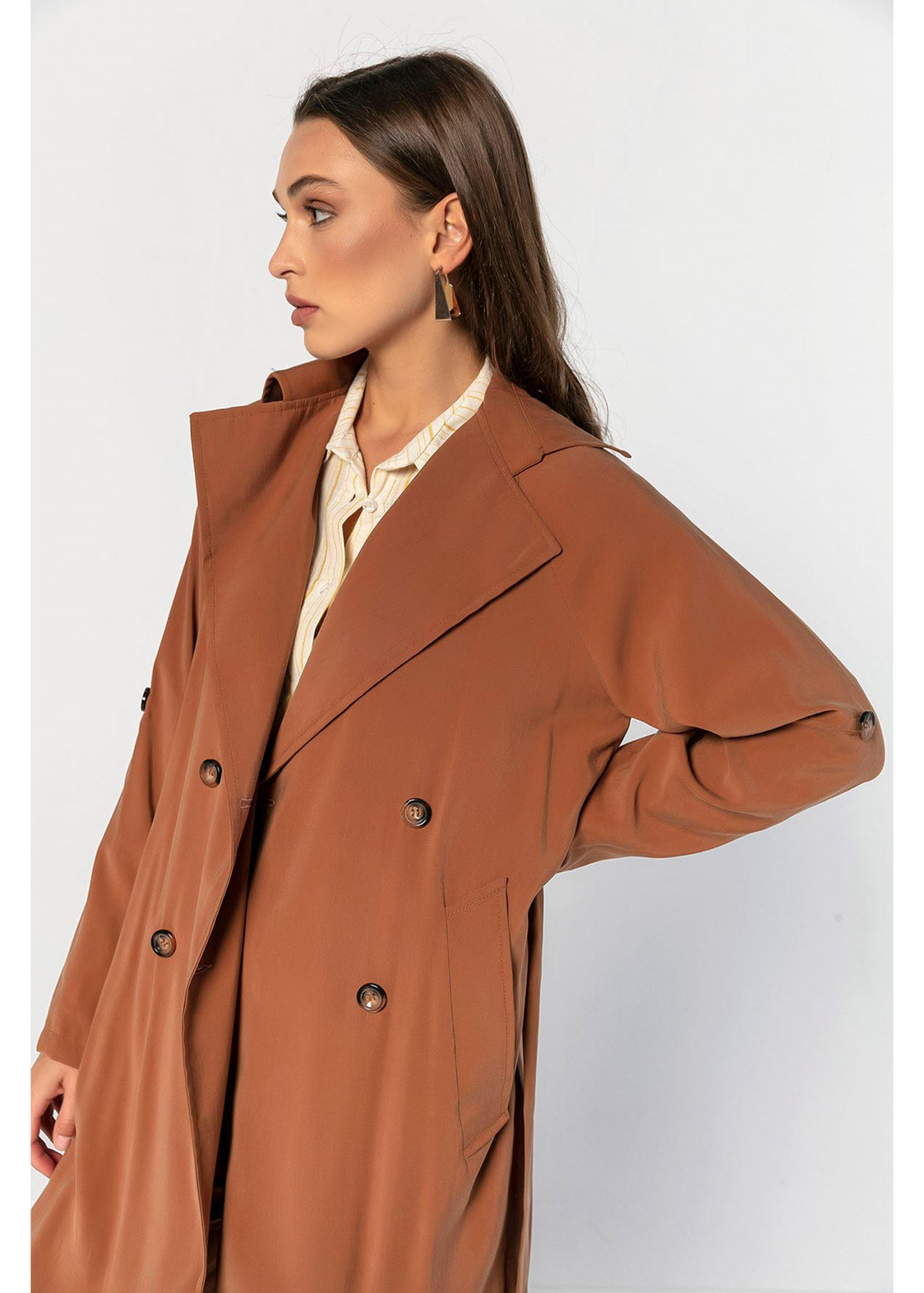 Belden Bağcıklı, Oversize Uzun Trençkot-Tarçın