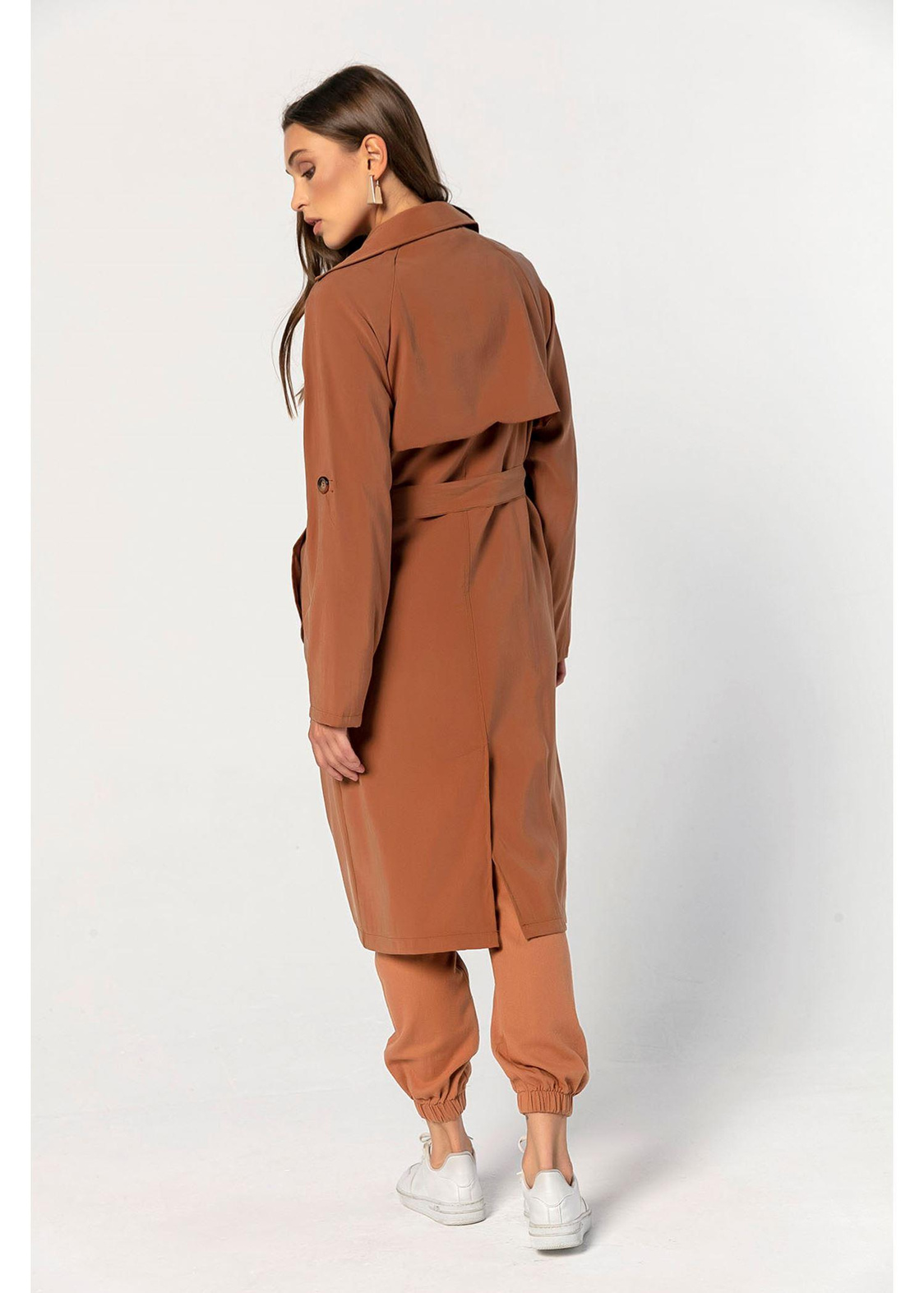 Belden Bağcıklı, Oversize Uzun Trençkot-Tarçın