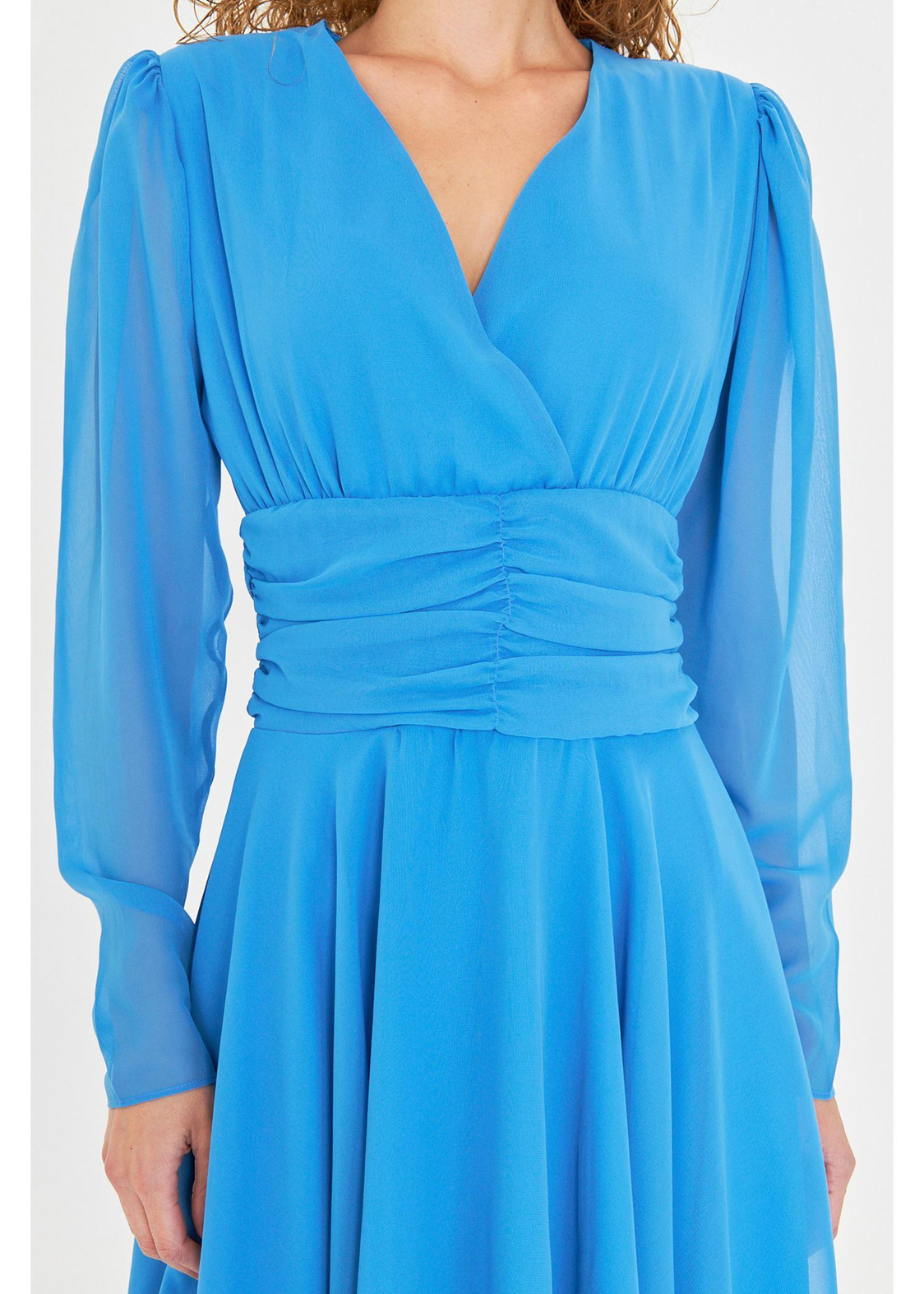 Beli Büzgülü Şifon Elbise-Mavi