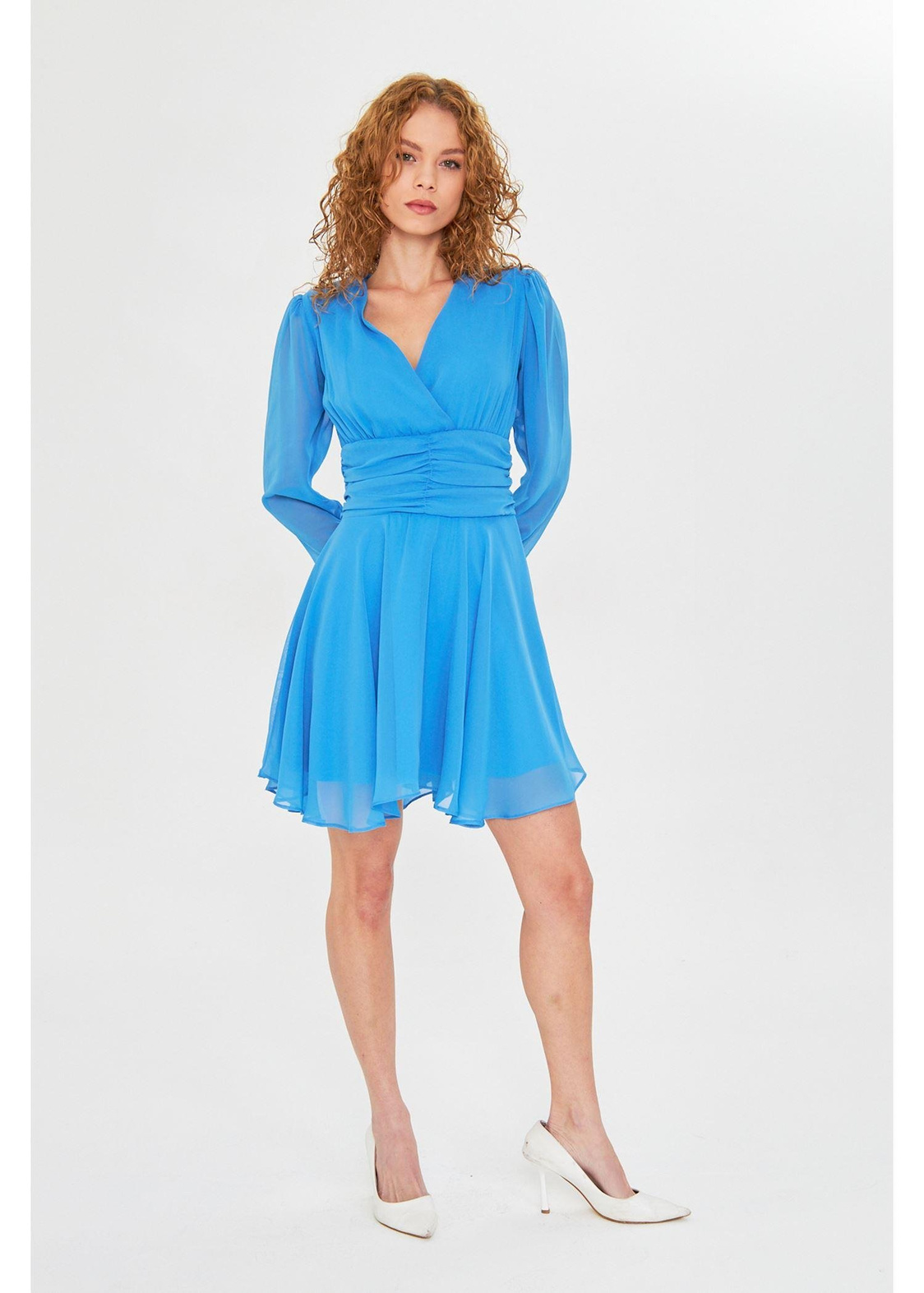 Beli Büzgülü Şifon Elbise-Mavi