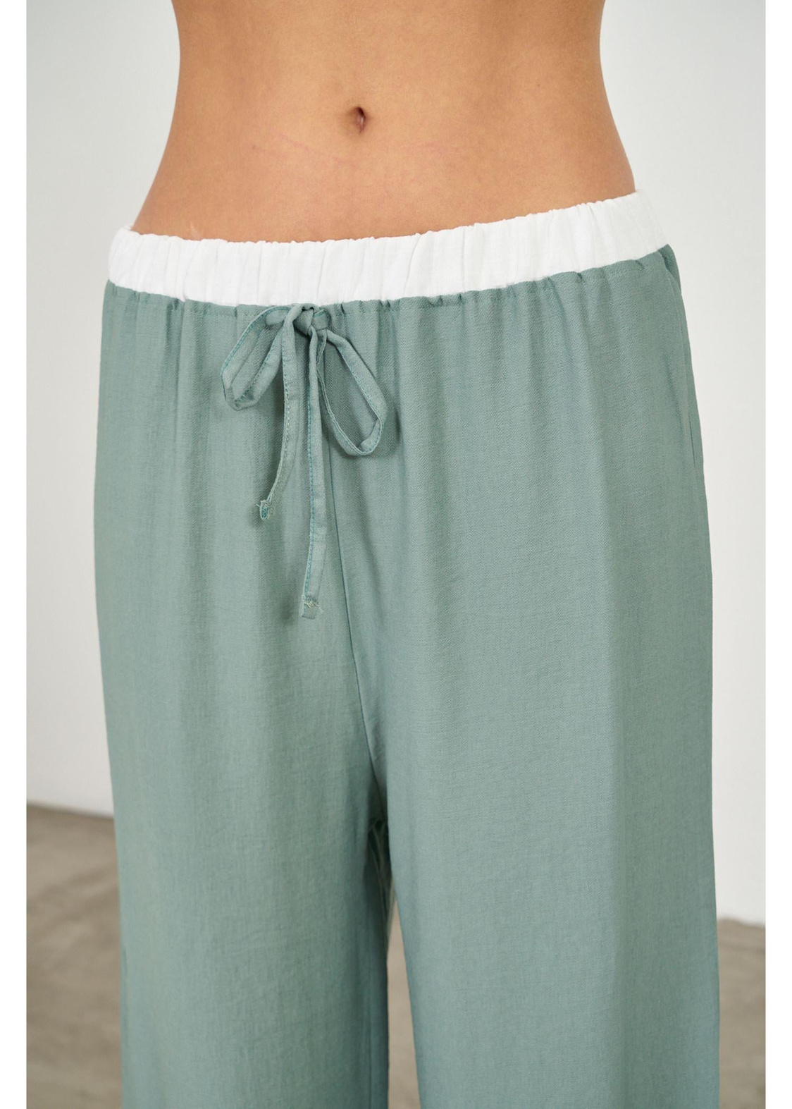 Beli Garnili Bağcıklı Bol Keten Pantolon-Mint