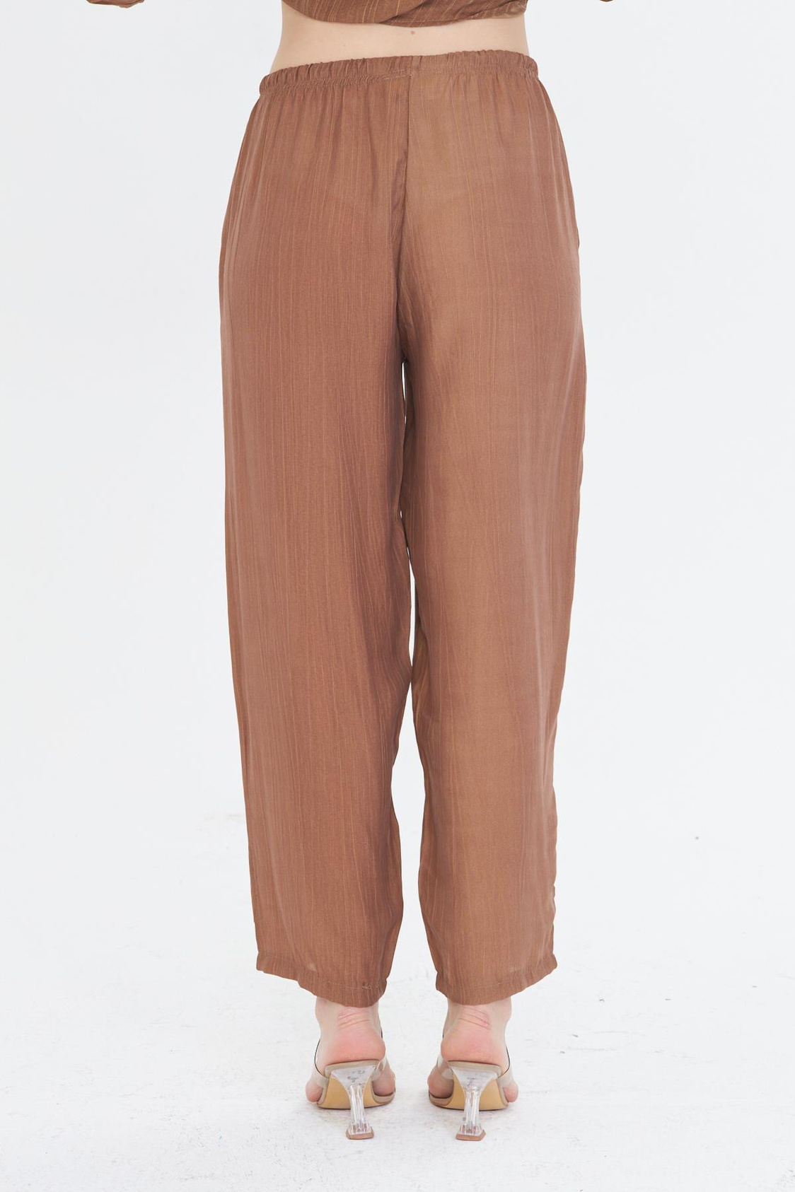 Beli Lastikli Çizgili Rayon Pantolon - Camel