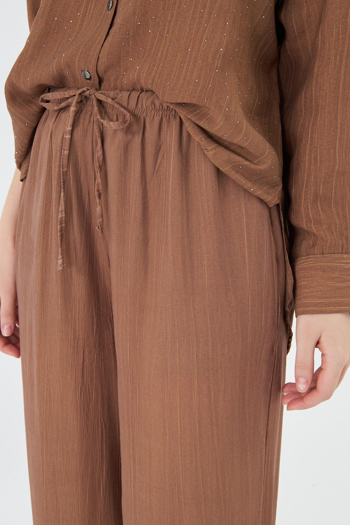 Beli Lastikli Çizgili Rayon Pantolon - Camel