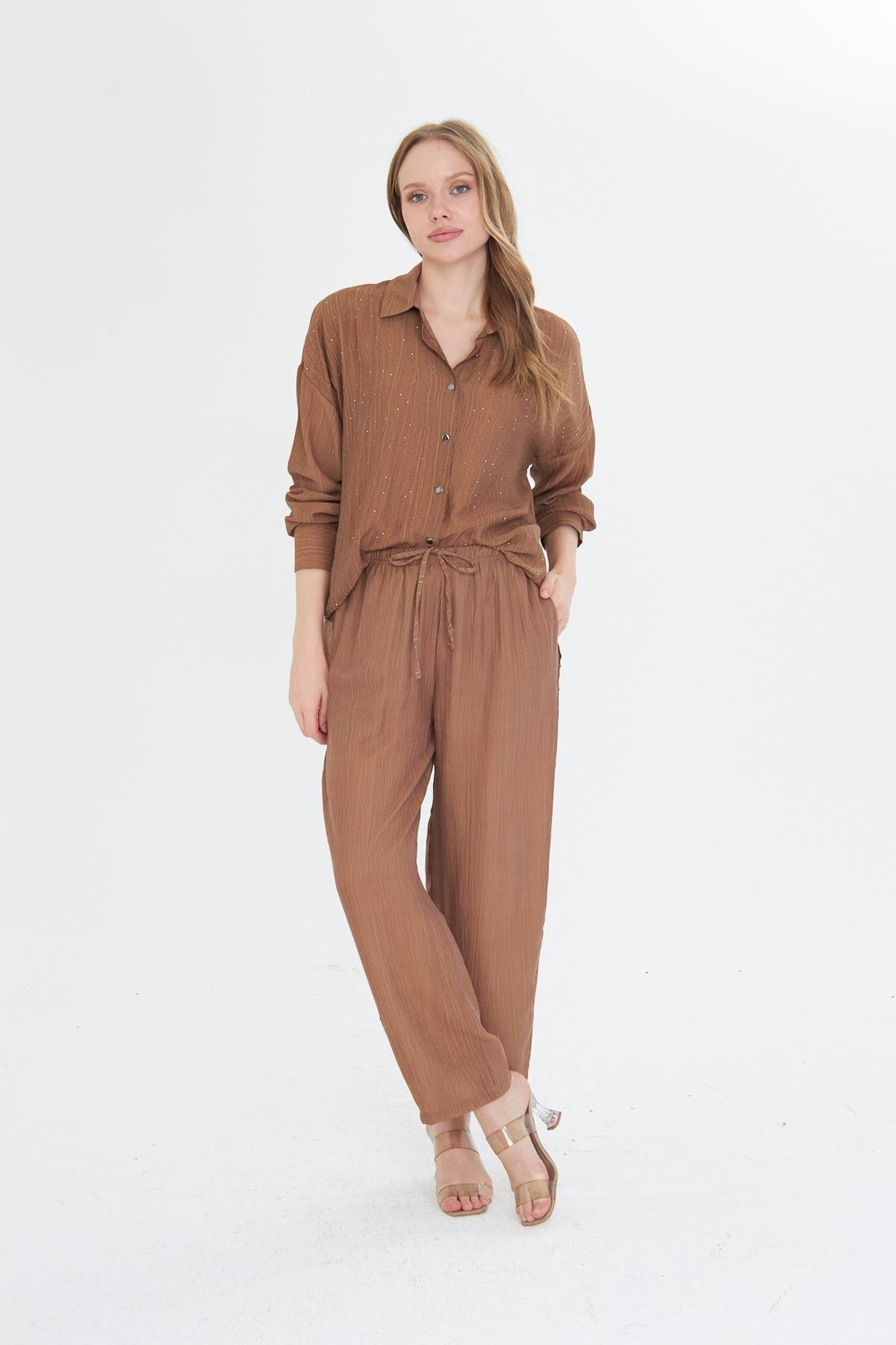 Beli Lastikli Çizgili Rayon Pantolon - Camel