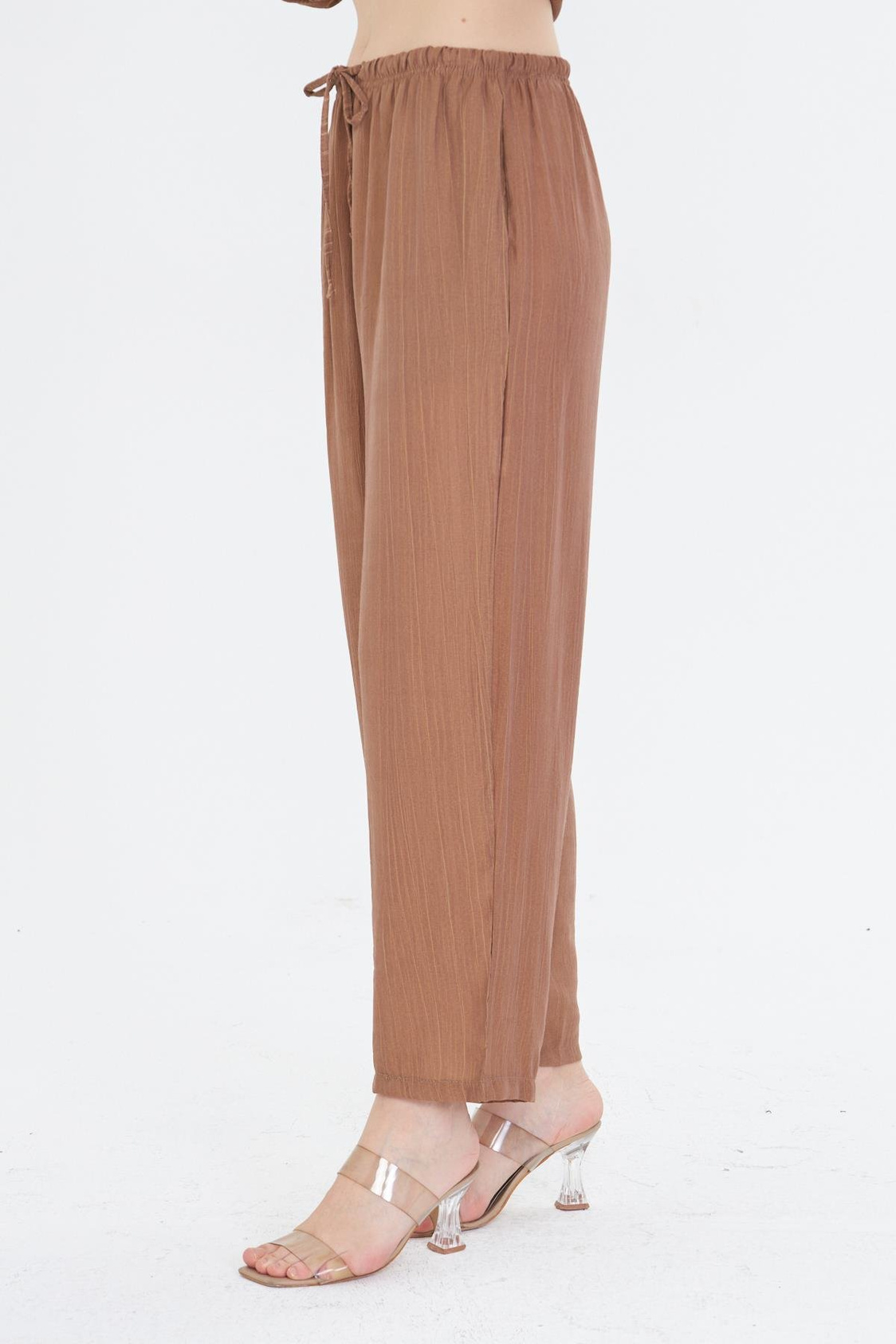 Beli Lastikli Çizgili Rayon Pantolon - Camel