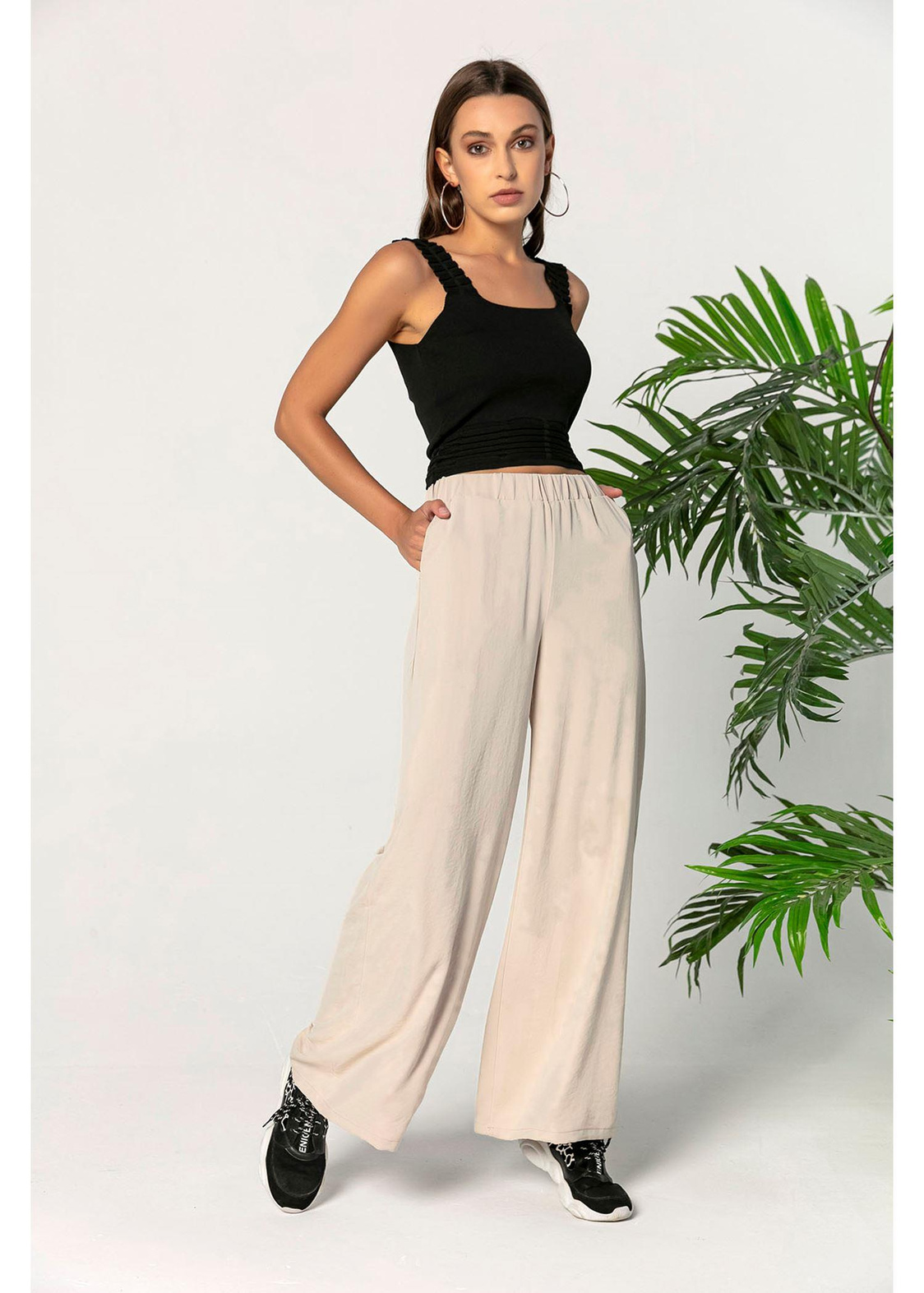 Beli Lastikli Geniş Paça Pantolon-Taş