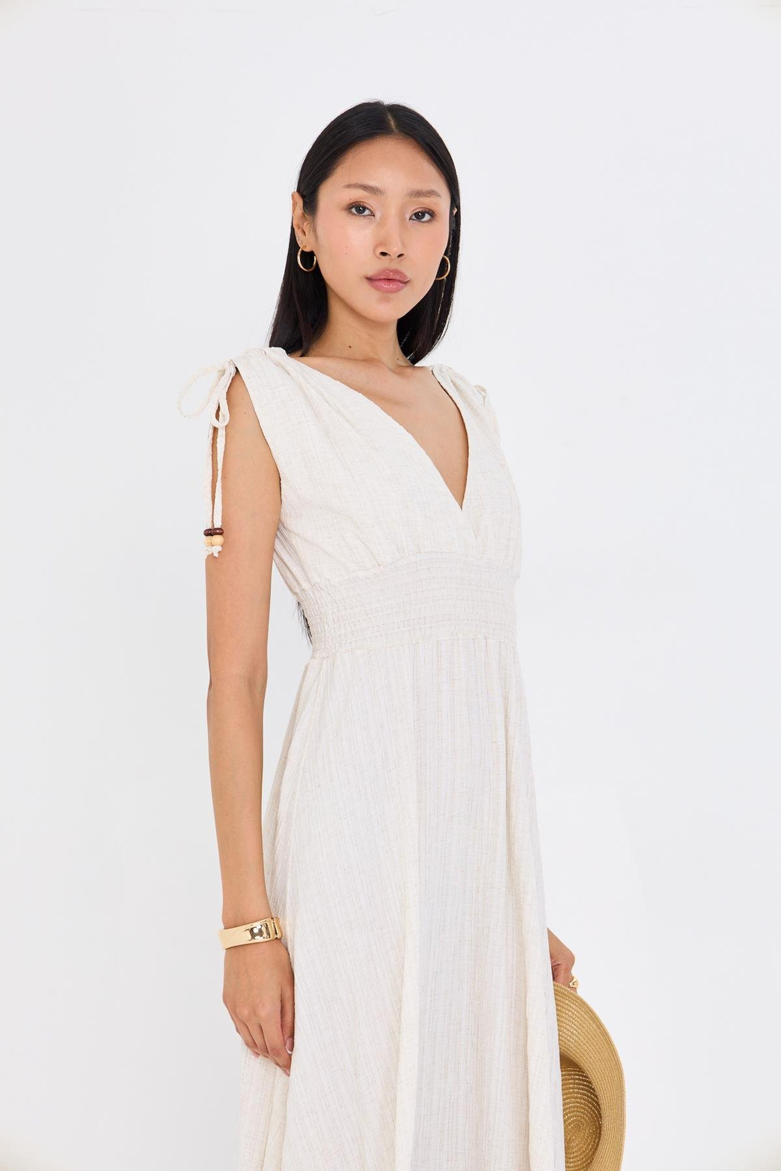 Beli Lastikli Keten Görünümlü Uzun Elbise