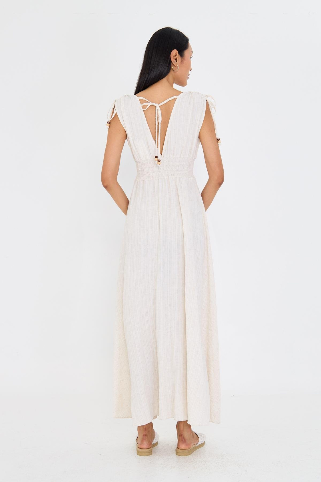 Beli Lastikli Keten Görünümlü Uzun Elbise