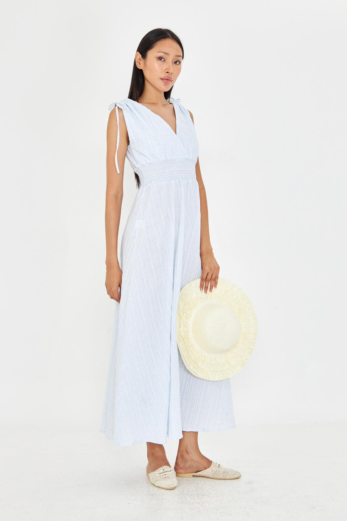 Beli Lastikli Keten Karışımlı Uzun Elbise