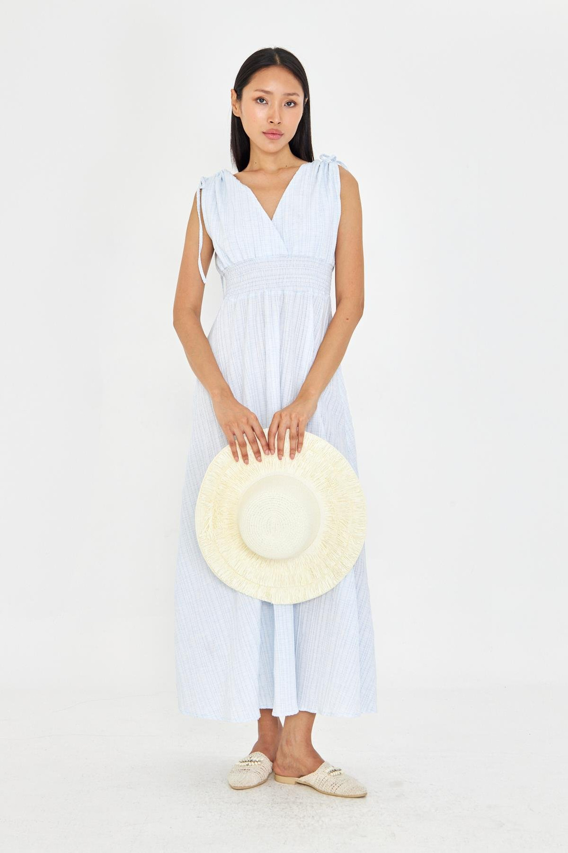 Beli Lastikli Keten Karışımlı Uzun Elbise