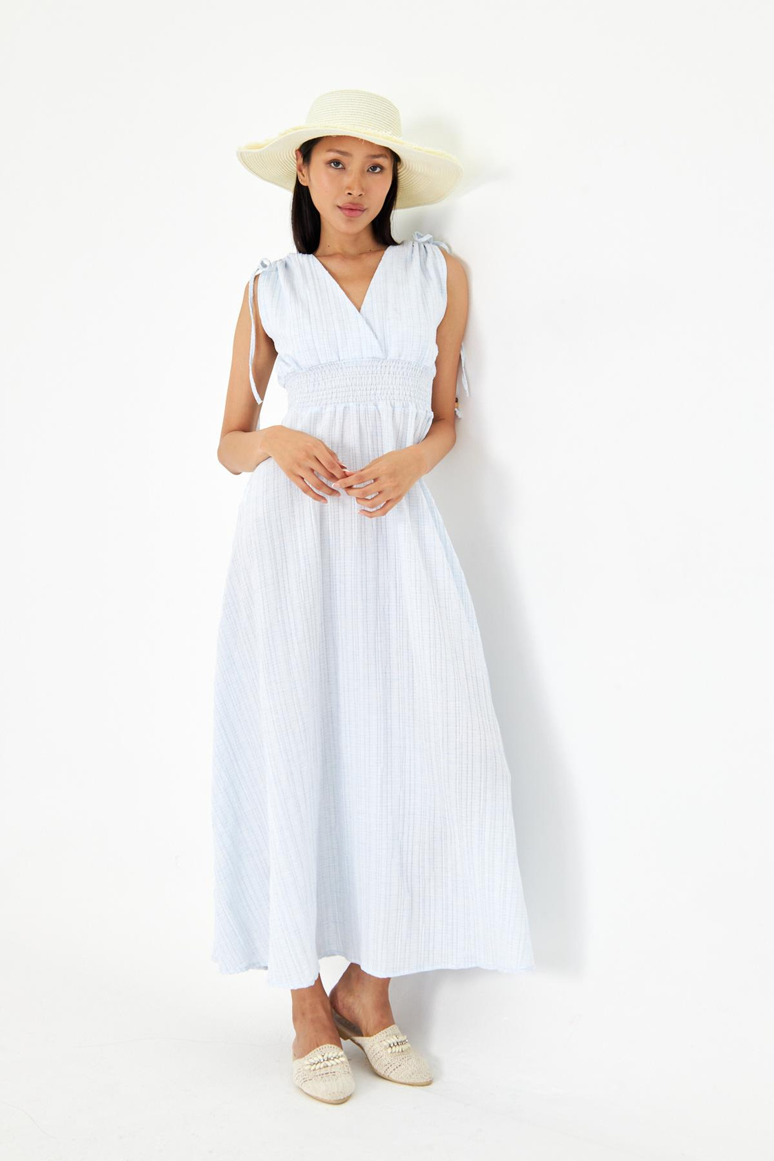 Beli Lastikli Keten Karışımlı Uzun Elbise