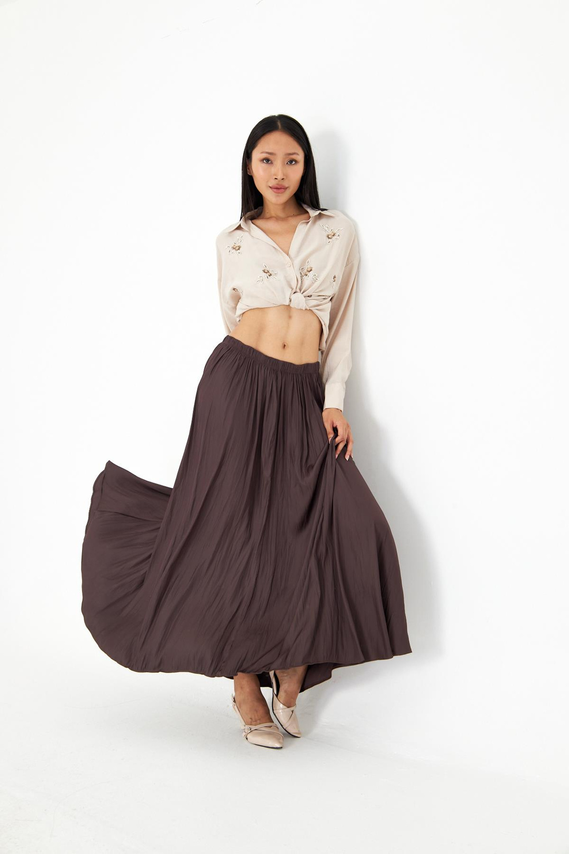 Beli Lastikli Kraşlı Uzun Saten Etek 